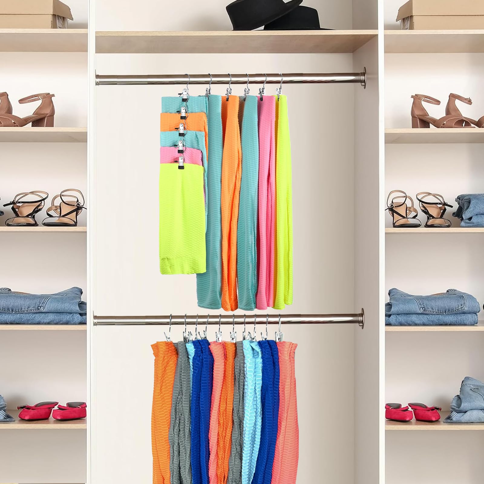 Perchas para pantalones con clips, organizador de leggings de metal para armario, paquete de 20 perchas que ahorran espacio con clips para pantalones de yoga, organizadores de armario y almacenamiento