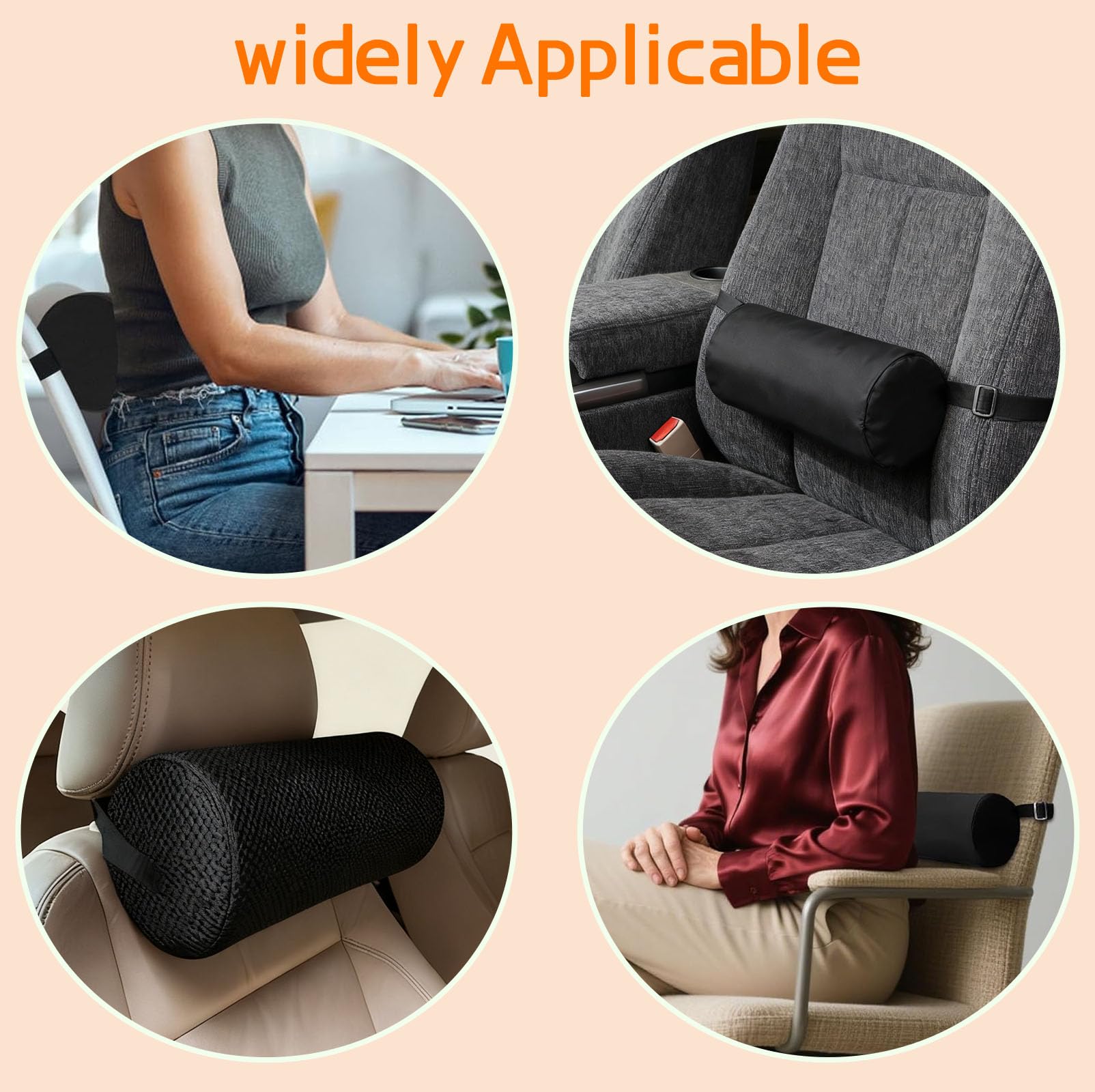 Cuscino Lombare con Cinghia Elastica Rimovibile & Fodera Lavabile, Cuscino Memory Foam Supporto Lombare Sedia Ufficio Inferiore 28x12cm, Rotolo Protezione Ergonomico per Auto, Casa, Viaggio (Nero)
