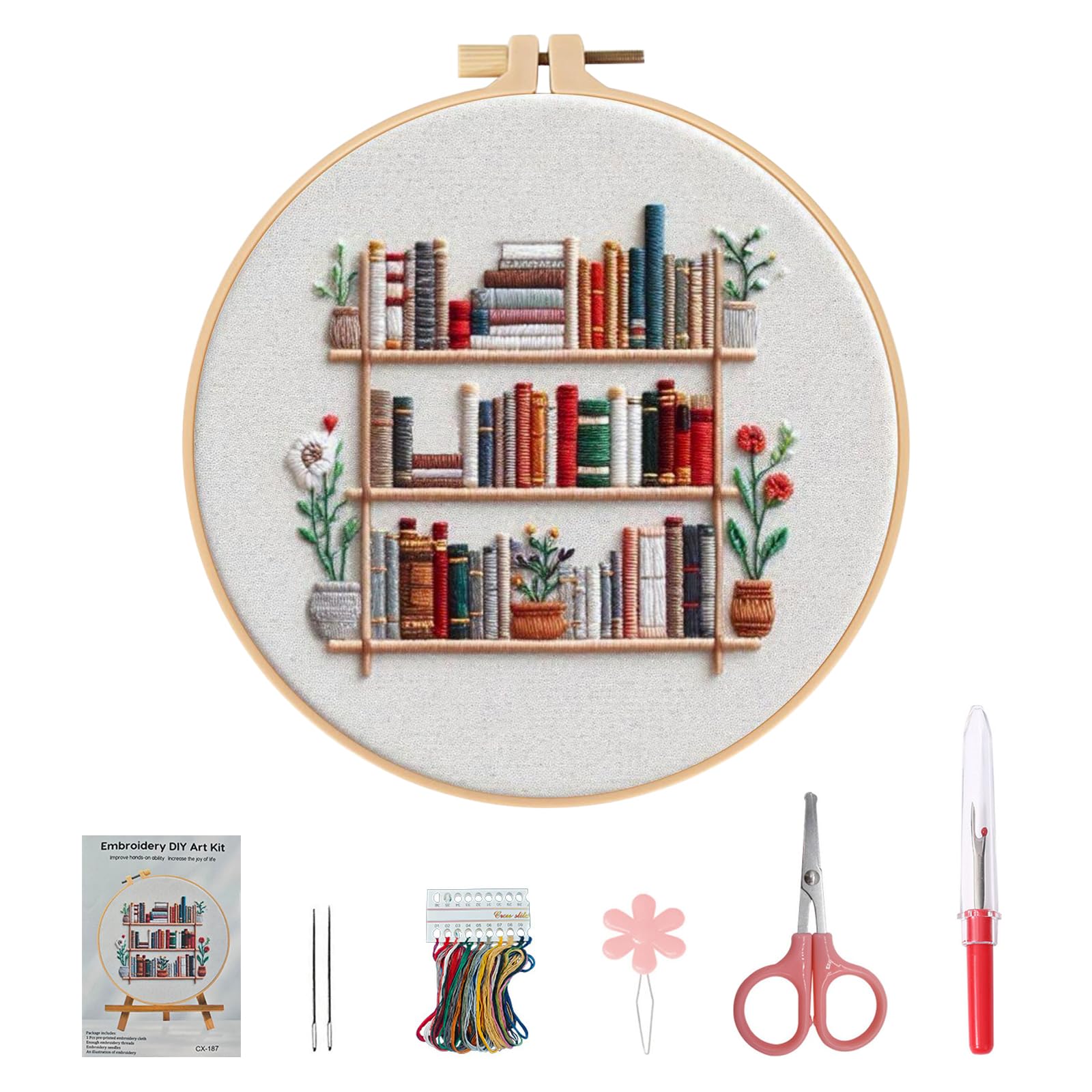 Larfraecy Embroidery Kit for Beginners,Punch Needle Kit with Elegant Pattern,Complete Starter Kit with Embroidery Hoop,Thread,Needle,Guide,Ideal for Adults Relaxation&Craft Gifts (Bookshelf)