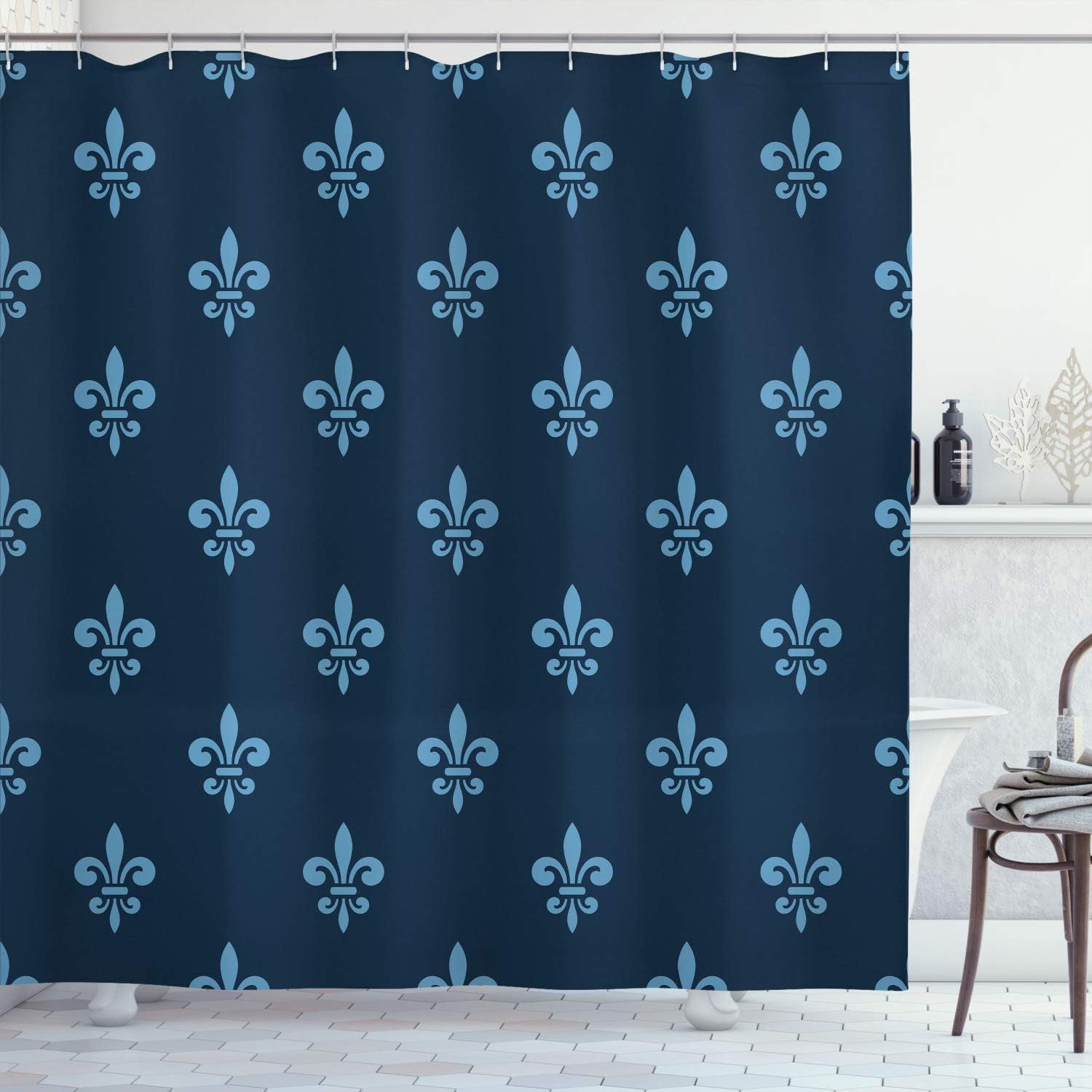 Ambesonne Fleur De Lis Shower Curtain, Royal Petal Floral Lily in Simple Old Style Ornate Antiquity Abstract, Cloth Fabric Bathroom Decor Set with Hooks, 69" W x 70" L, Petrol Blue