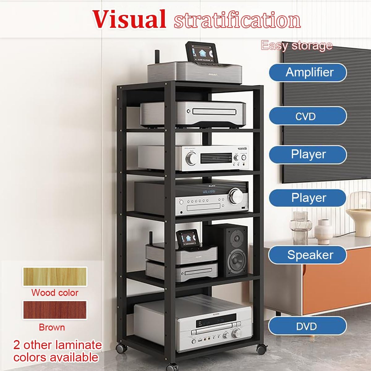 Moderno supporto AV a 5 livelli con ruote, elegante rack audio video per CD/DVD, soggiorno e ufficio, torre di archiviazione alta 129,5 cm, design funzionale