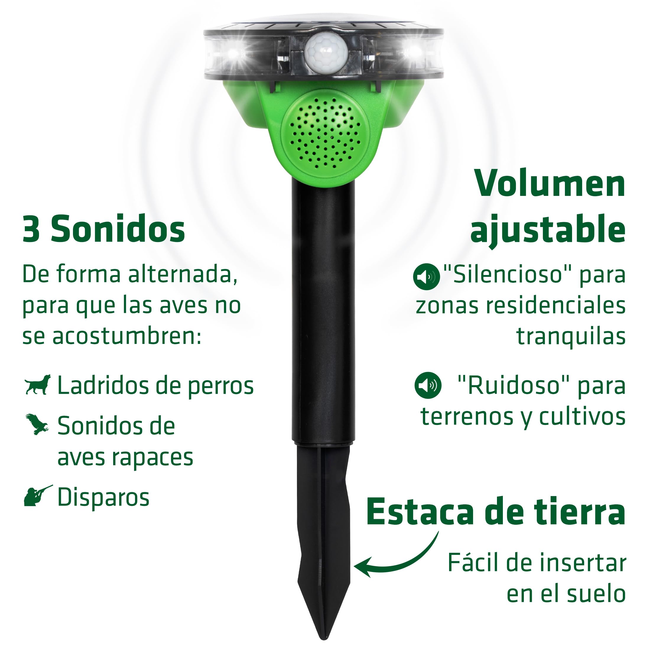Gardigo® Espantapajaros Exterior | Ahuyentador de Palomas con 3 Sonidos | Flash LED 60m² | Espanta Palomas | con Panel Solar | Antipalomas | Auyentador de Pajaros