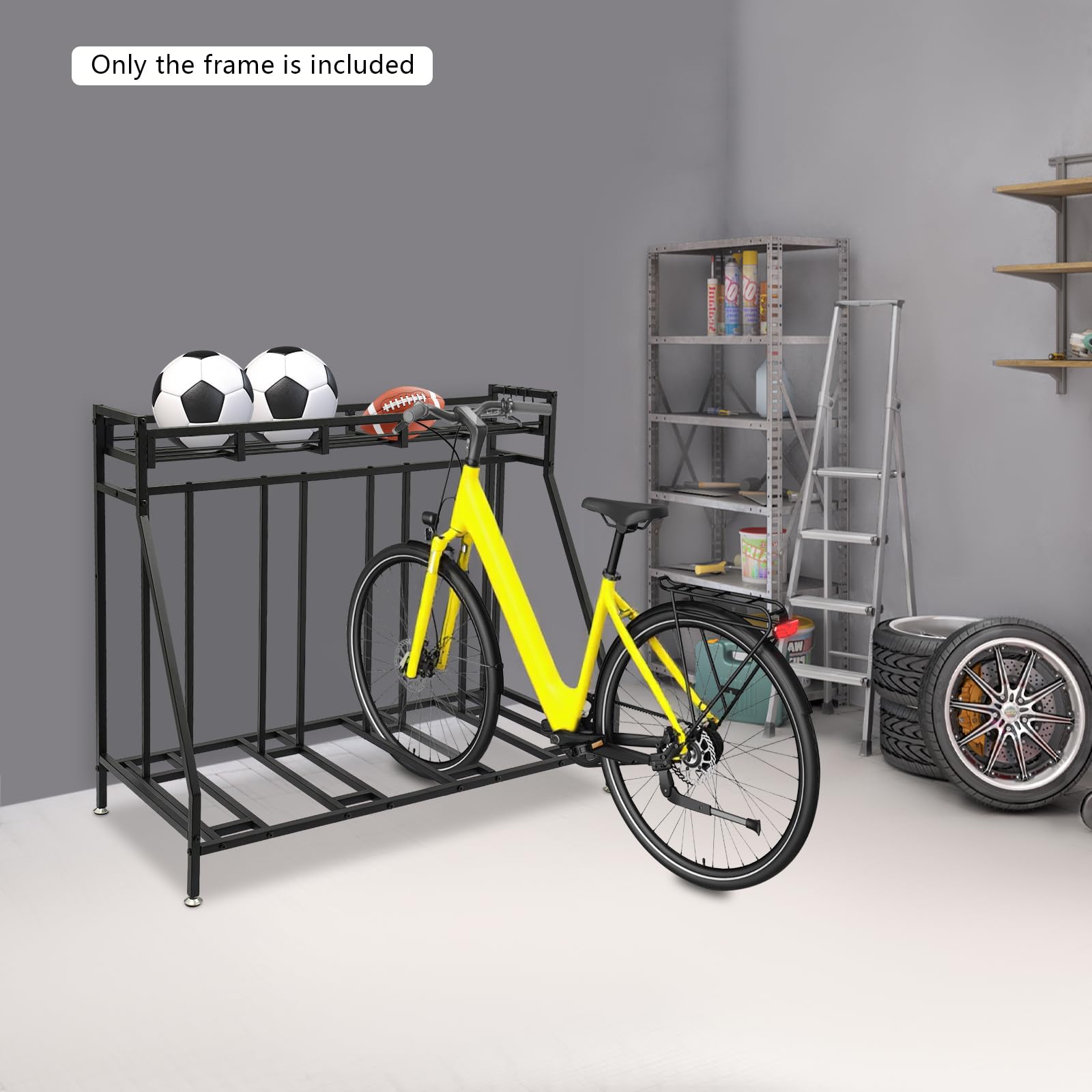 Supporto per bicicletta da pavimento, parcheggio per mountain bike, con 4 posti per garage, 4 ganci rimovibili, cestino extra largo e poggiapiedi. Robusto salvaspazio fino a 100 kg