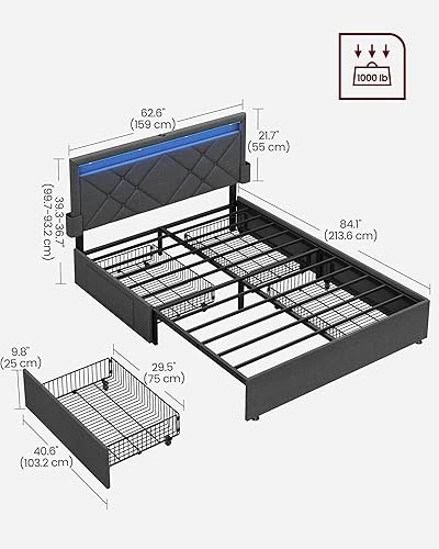 Miniatura 2 de VASAGLE Base de cama LED tamaño Queen, cama Queen con cabecera y 4 cajones, 1 puerto USB y 1 puerto tipo C, cabecera tapizada ajustable de 36.739.3