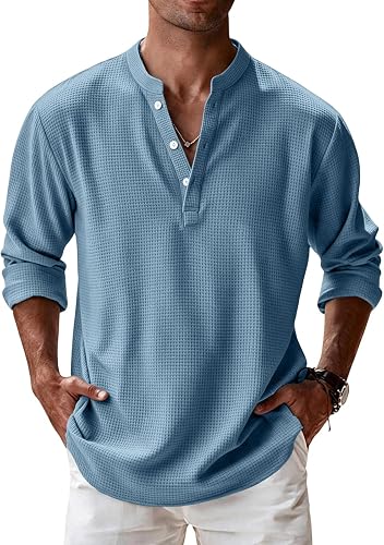 Mens Henley Shirts Waffle Knit Long Sleeve Button Tops Casual Fall Outfits