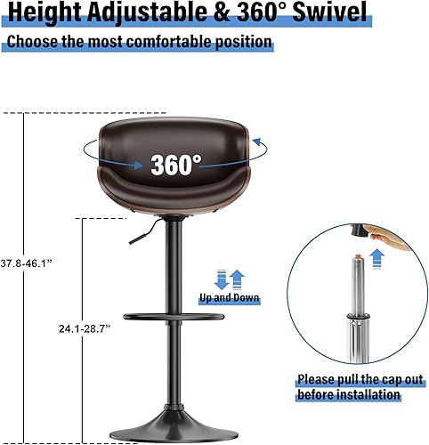 Miniatura 3 de Aowos Taburetes de bar giratorios ajustables, taburete de bar tapizado de piel sintética moderna de mediados de siglo, altura de encimera, taburete