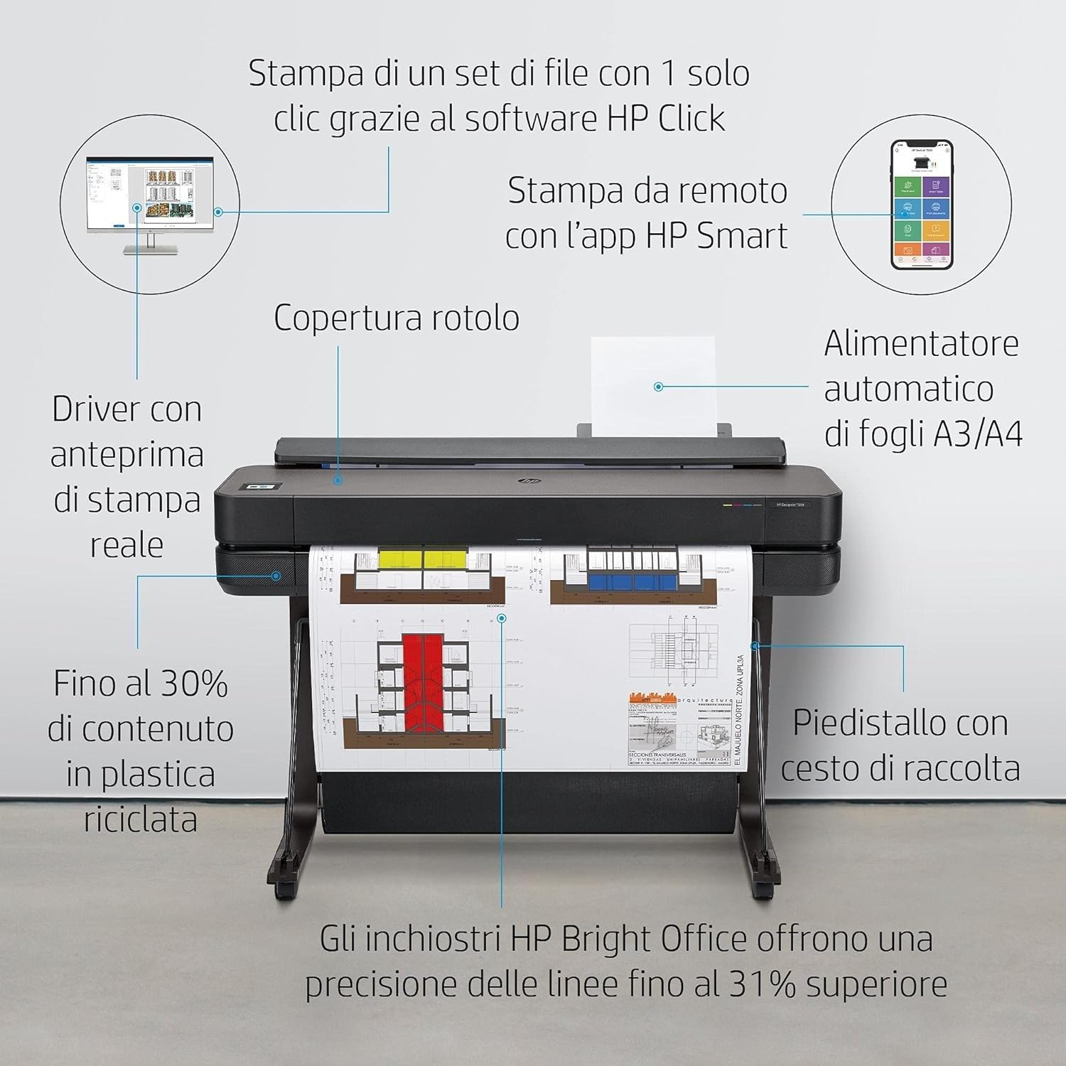 HP DesignJet T630 Stampante per Grandi Formati da 91 cm 5HB11A, Formati supportati da A4 ad A0, velocità 76 Pagine A1 all’Ora, Gigabit Ethernet, USB Hi-Speed 2.0, Wi-Fi, Garanzia 1 Anno, Nero