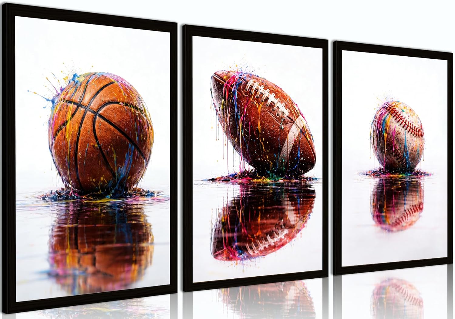 3Pcs Graffiti Sports Wood Framed Wall Art 12x16 Inches Boys Room Rustic Football Baseball American Football Rugby Wall Decor Colorful Modern Poster Prints for Nursery Playroom Living Bedroom Decoration