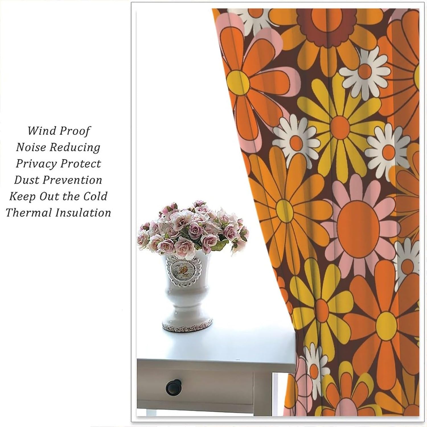 JESTRONRY Retro 70s Boho Floral Kitchen Curtains,Rustic Cute Funky Floral Hippie Vintage Art Room Darkening Door Window Rod Pocket Curtain for Living Room Bedroom 42x45in