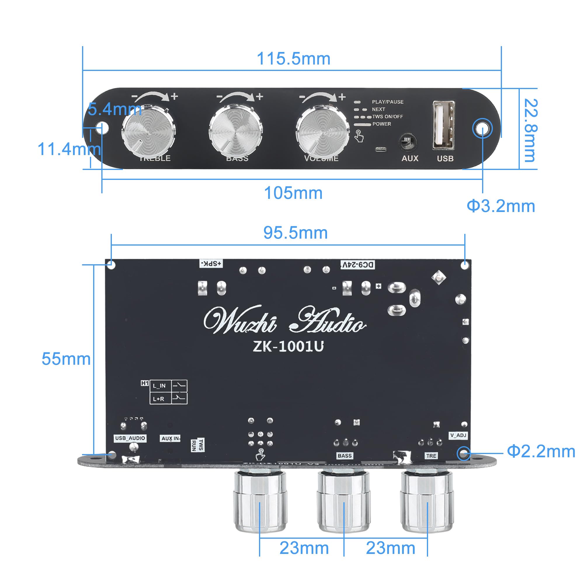 ZK-1001U płyta wzmacniacza mono z TWS, moc wyjściowa 100 W, wzmacniacz pojazdu szerokie napięcie wejściowe 9-24 V, obsługuje USB/AUX/Bluetooth