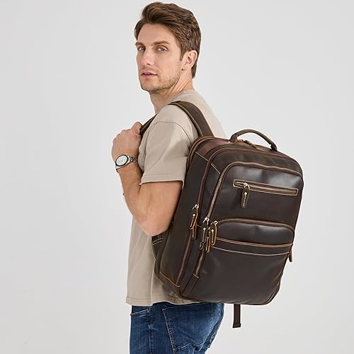 Miniatura 2 de Mochila de cuero de grano completo de 16 pulgadas para computadora portátil para hombres, gran capacidad, negocios, senderismo, viajes, mochila