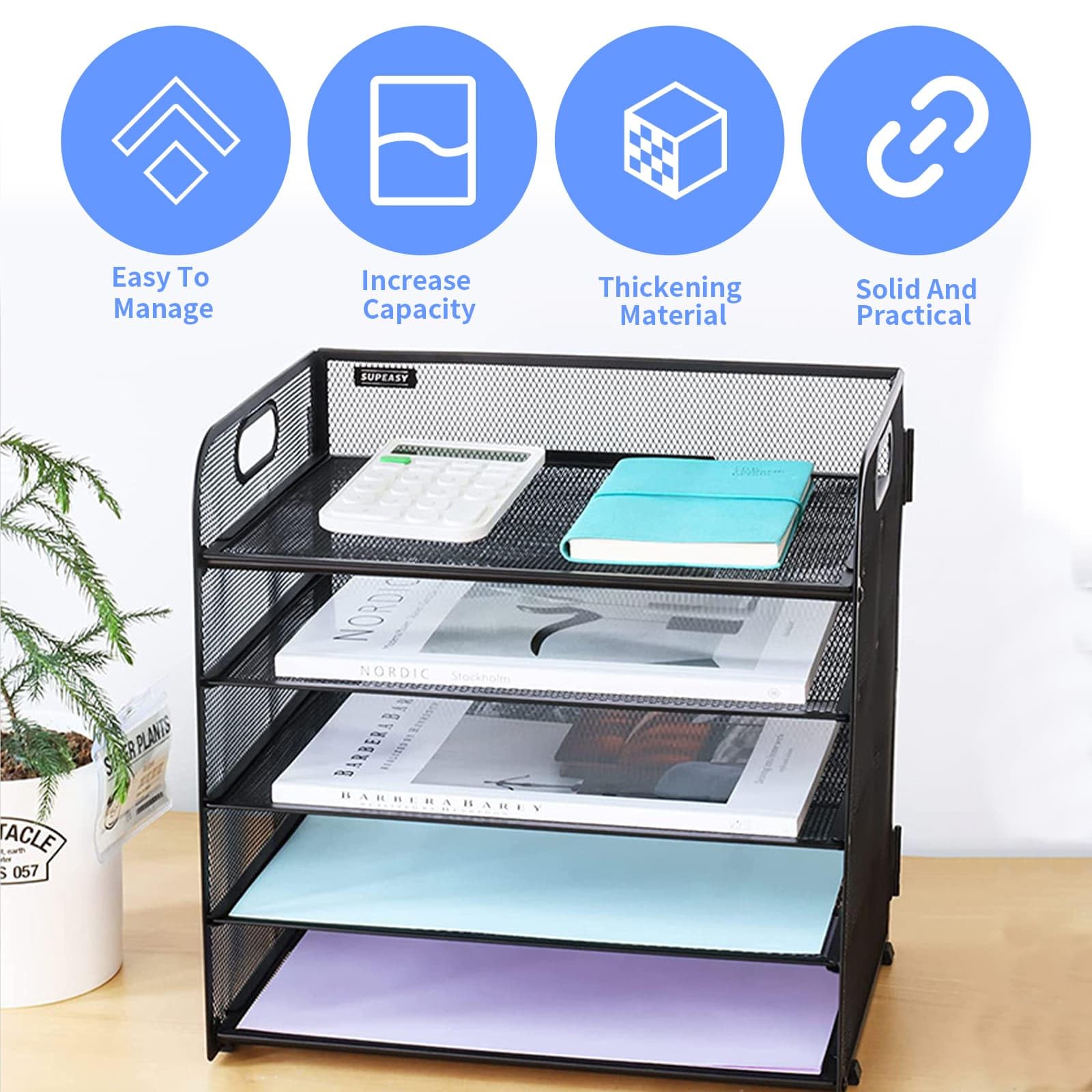 Mesh Letter Tray Organizer with Handle & Screwdriver, 5-Layer Letter Paper Organizer, File Folder Organizer - Image 3