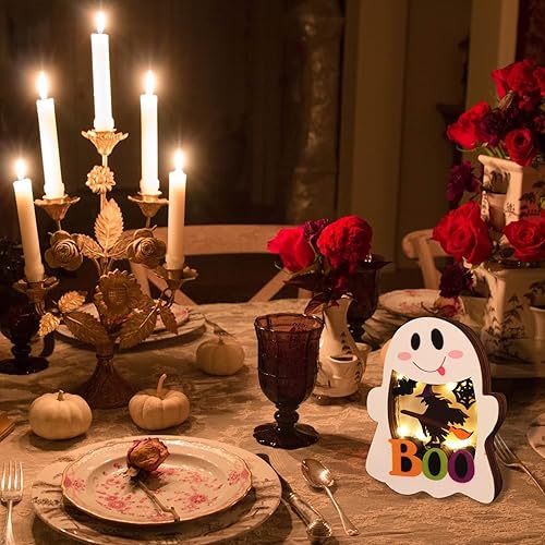 Miniatura 5 de CCINEE 2 piezas de decoración de mesa de madera iluminada de Halloween, centros de mesa de calabaza fantasma, letrero LED espeluznante para dulce o