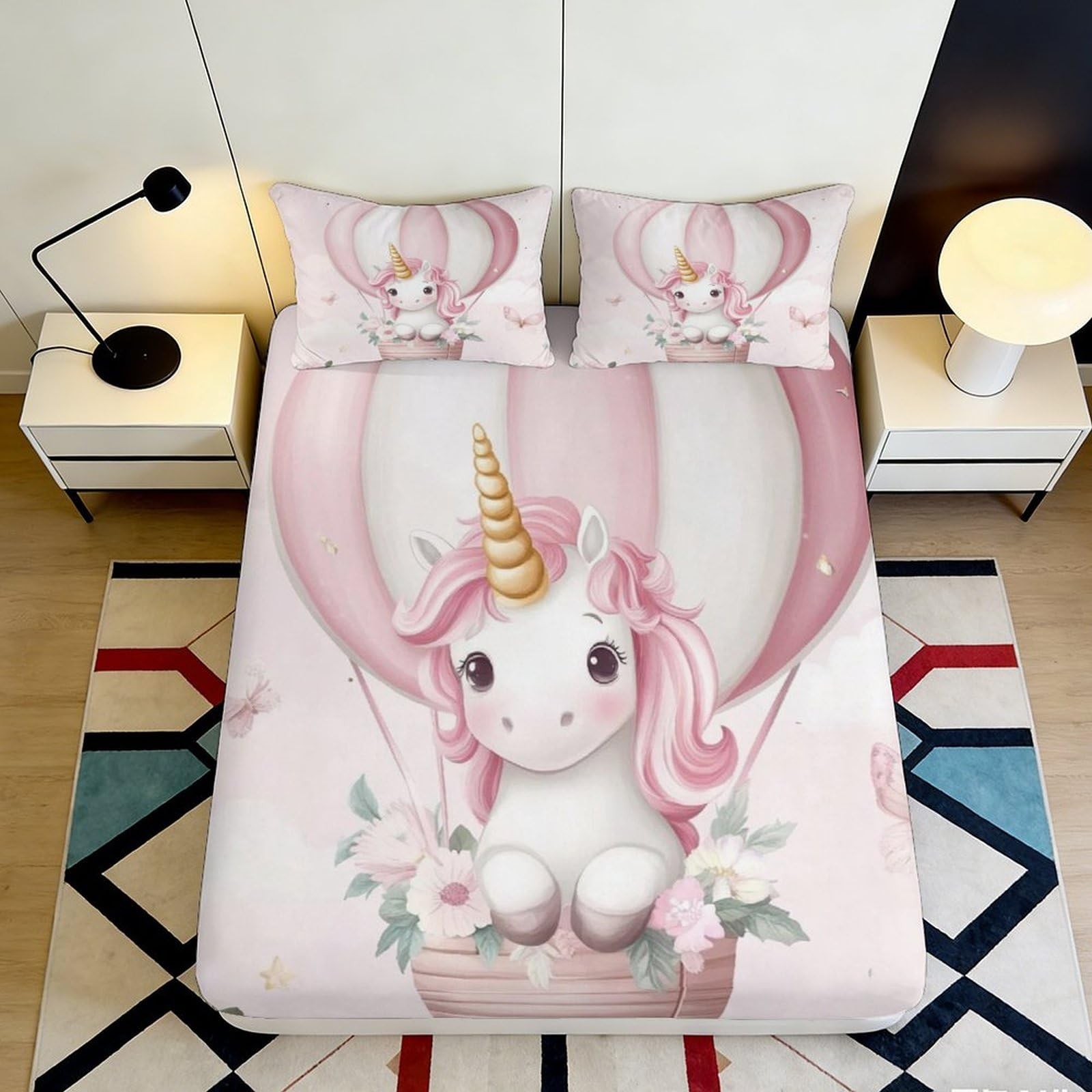 3D Printed Unicorn Fitted Sheet Microfiber Deep Pocket Non-Slip Full Wrap Unicorn Mattress Fitted Cover for Adult Bedroom 90x200x25cm