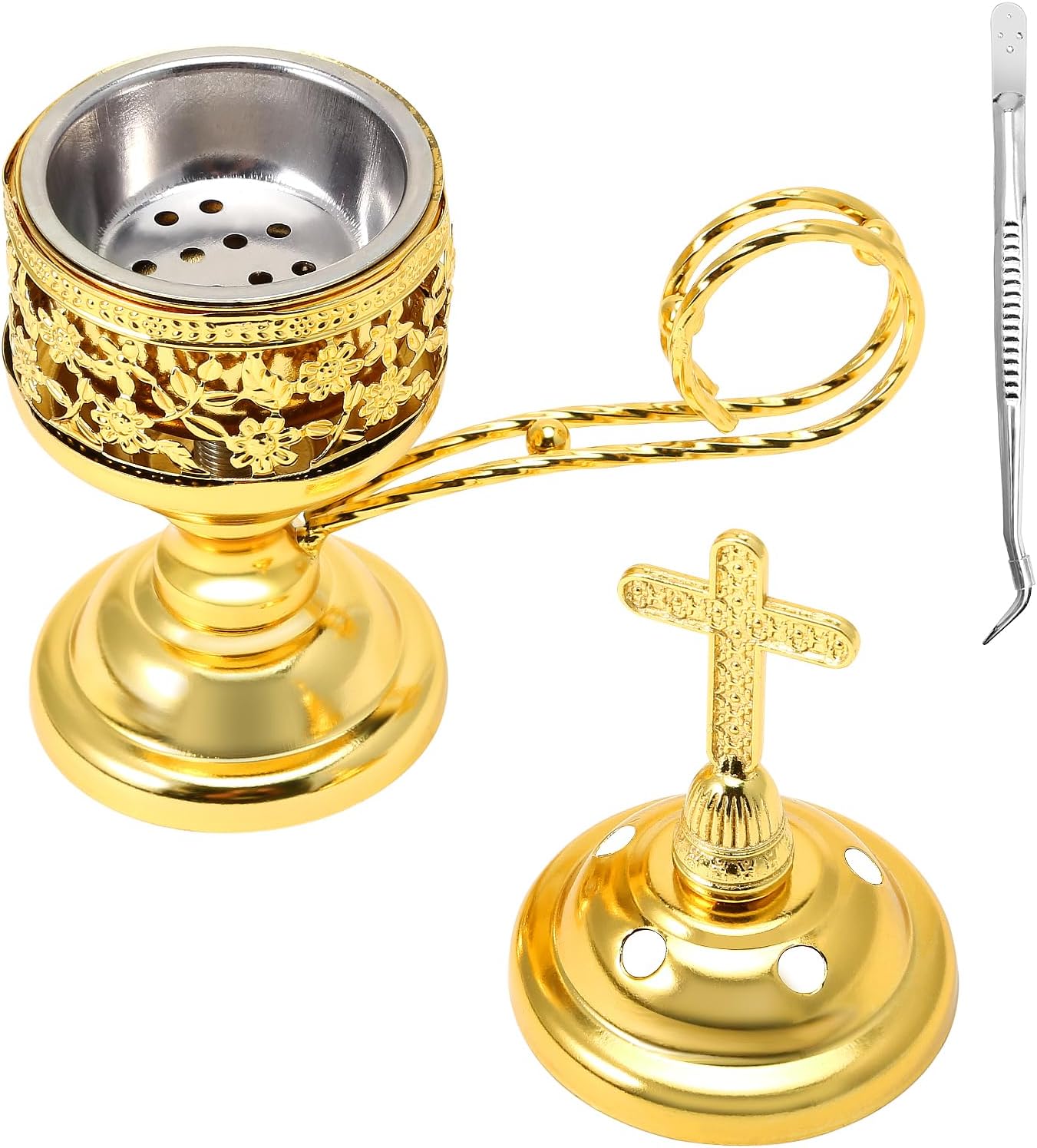 Incense Burner, Frankincense Charcoal Incense Stand, Bakhoor Incense Burner Holder, Ideal for Aromatherapy, Yoga and Spa, Home and Christian Church Censer, (Gold)