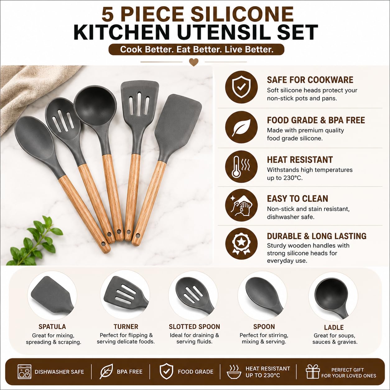 Zollyss Silicone Spatula Set | 5-Piece Premium Silicone Spatula for Non Stick Cookware & Cooking Utensils with Wooden Handles, Heat Resistant Non-Stick Safe Spatula & Spoon Set, Grey — Amazon image 9