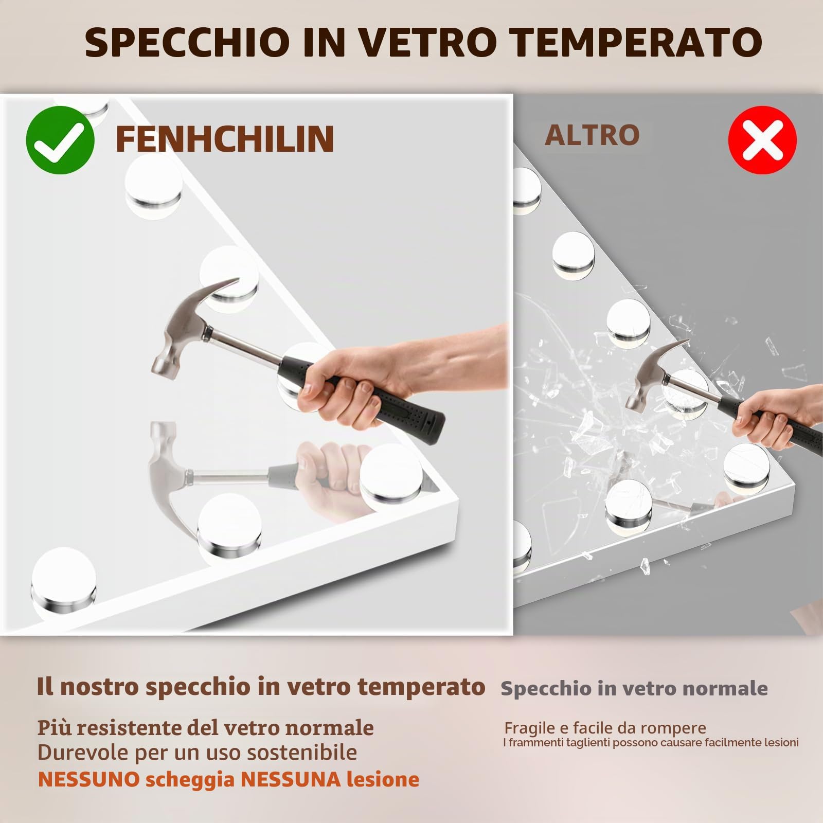 FENCHILIN Grande specchio per il trucco con altoparlante, Luce 3 modalità Hollywood, 15 lampadine LED, dimmerabile, da Tavolo, da Parete