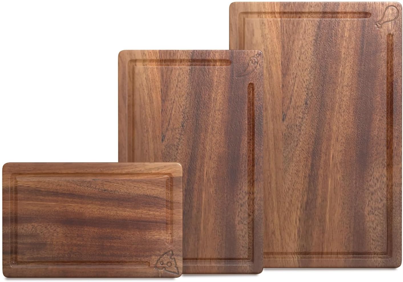 3-Piece Acacia Wood Cutting Board Set. All-natural, chemical-free, zero microplastics. Perfect for prepping meats, cheese, and stylish serving.