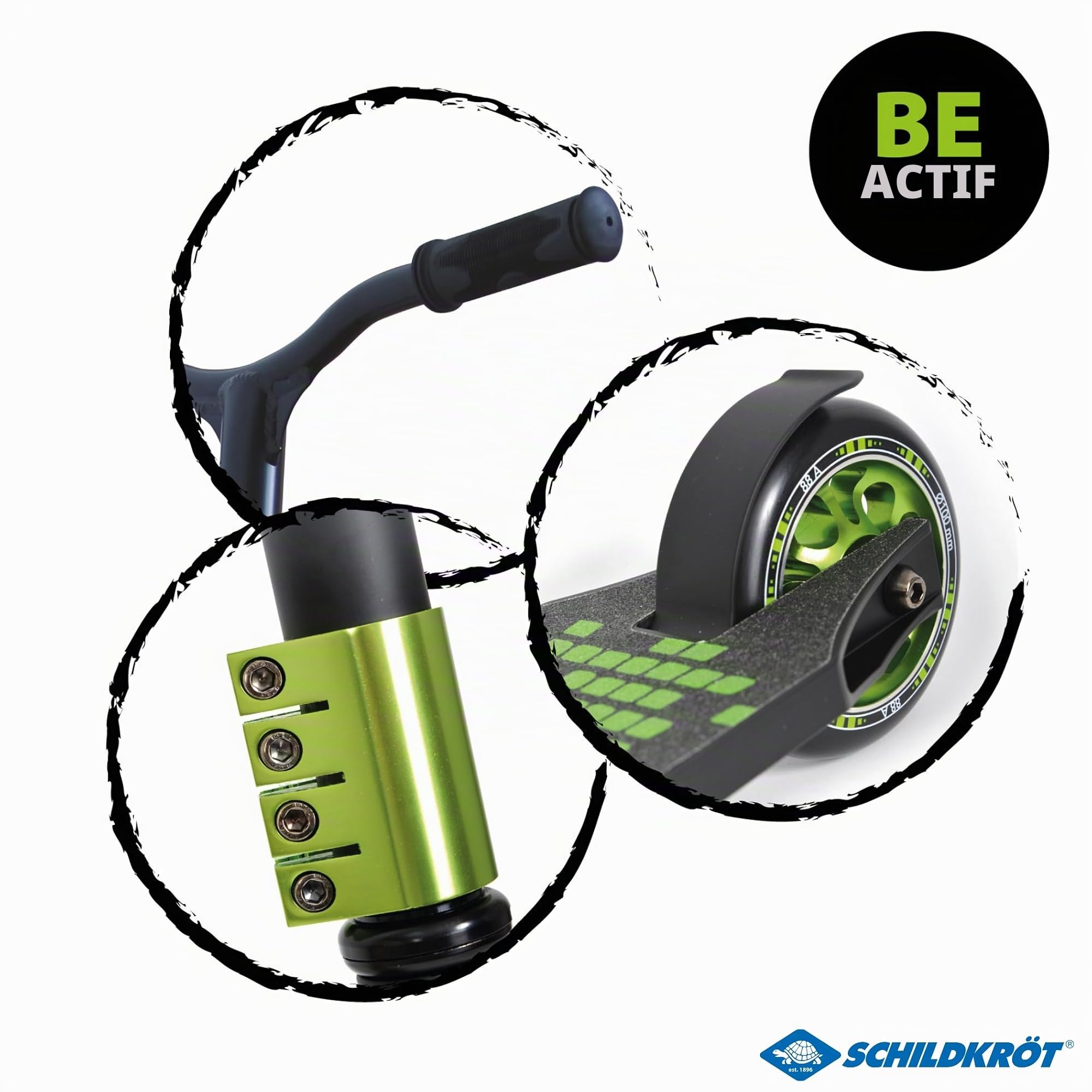 Schildkröt Stunt Scooter Kickless, Trottinette avec Compression HIC et Jante en Aluminium, Roues PU 100 mm, pour Cascades et Tours Ambitieux