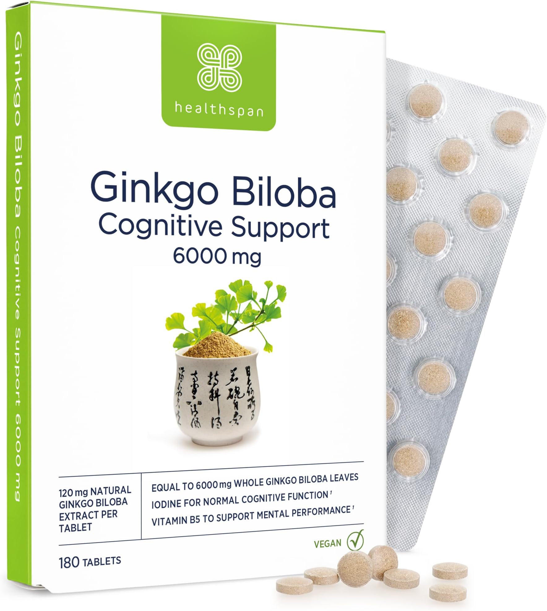 Healthspan Ginkgo Biloba Cognitive Support (6,000mg) | 180 Tablets | Maximum Strength Ginkgo Extract | Mental Function | Added Iodine & Vitamin B5 | Supports Energy | Vegan