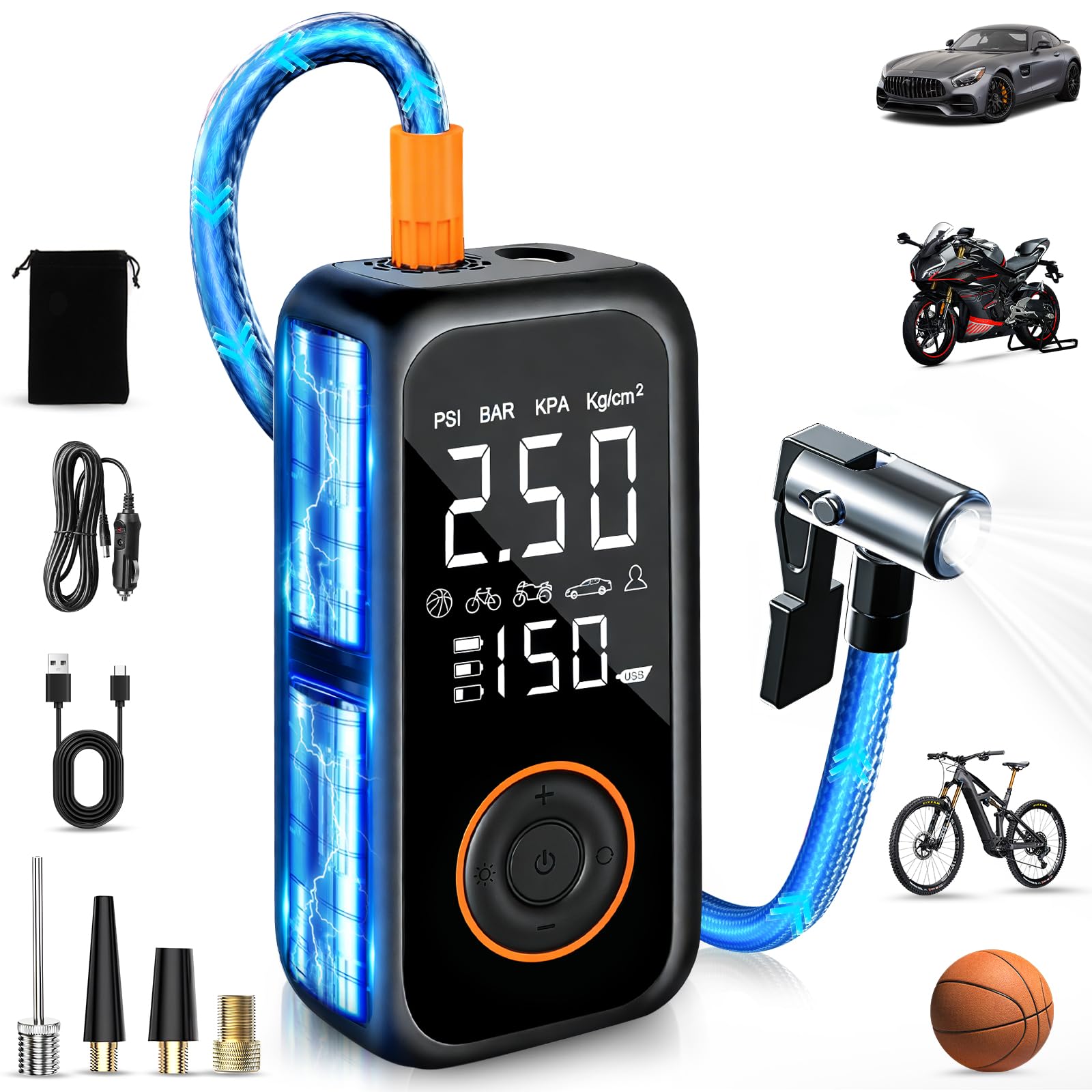 Mini Compresor Aire Portatil, 8000mAh Inflador Ruedas Coche, 150PSI Inflador Electrico Biciclet Con Pantalla LCD Digital y linterna LED