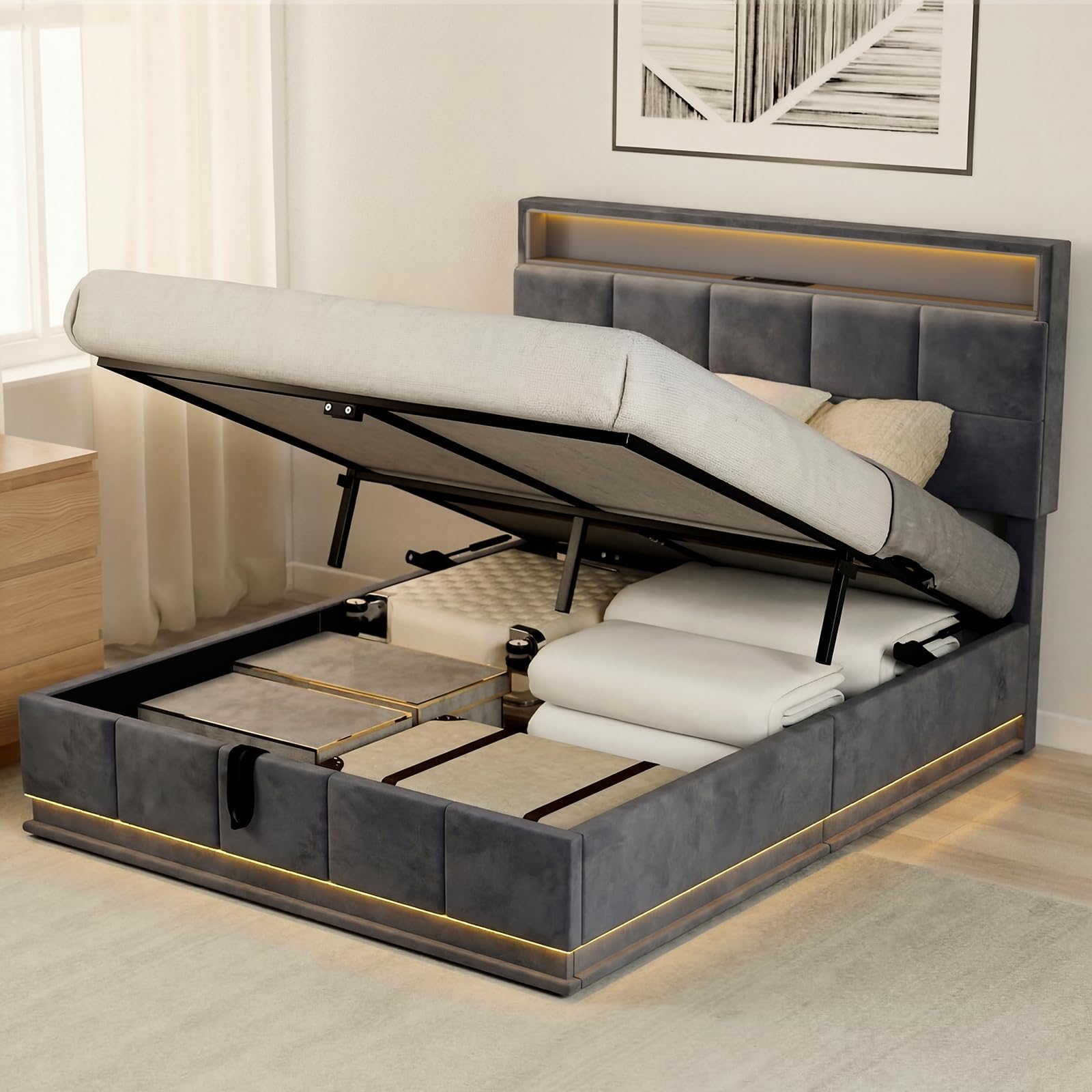 Aptliton 4ft6 Ottoman Bed Frame Upholstered Double Bed with Extra-Large Storage, Warm White LED Lights, 2 Height Settings Headboard, Built-in Charging Station No Mattress Included