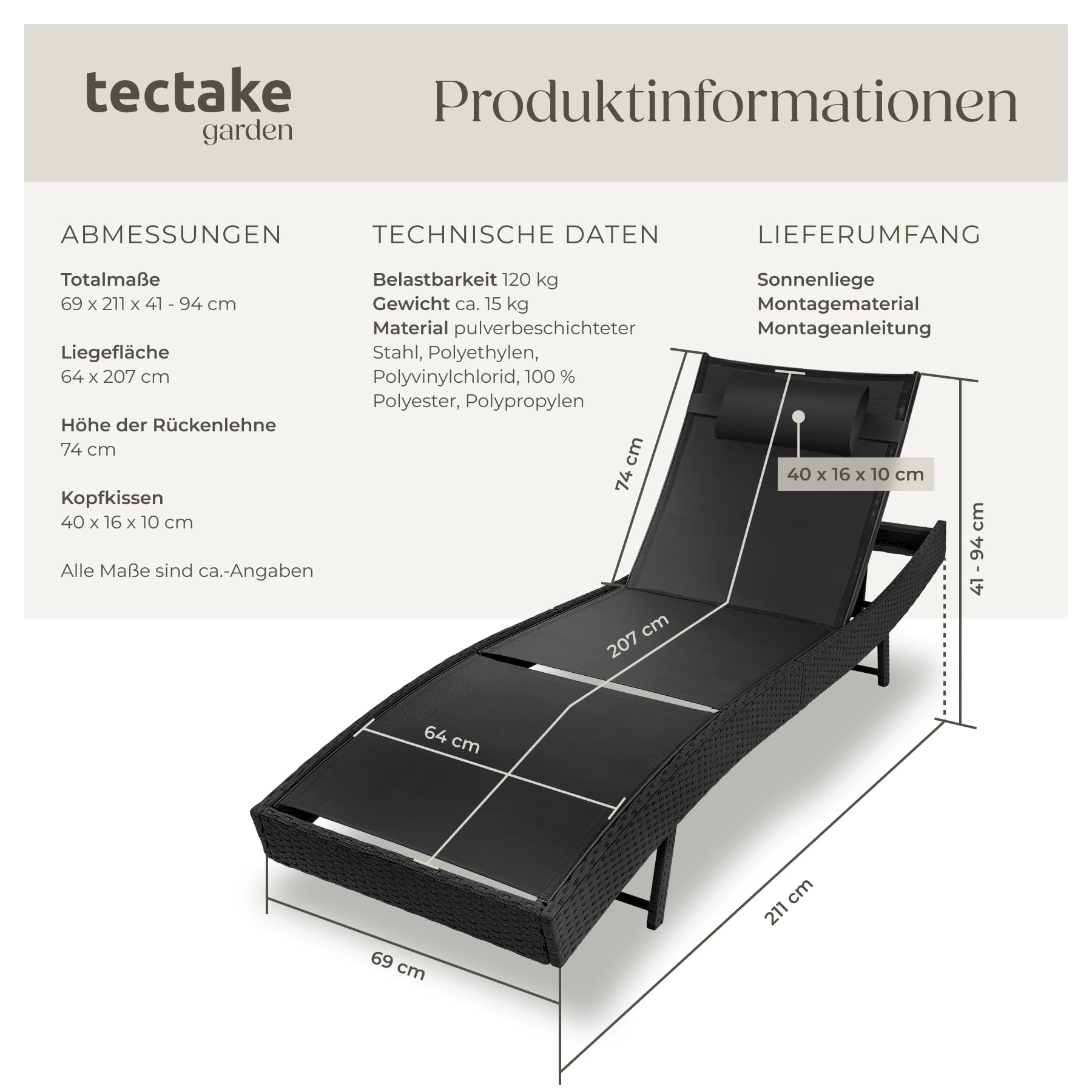 tectake® Sonnenliege, 6-Fach verstellbare Rückenlehne, Gartenliege wetterfest, Poolliege mit Kopfkissen, Outdoor Liege, UV-beständig, Strandliege für Garten, Terrasse und Balkon - schwarz