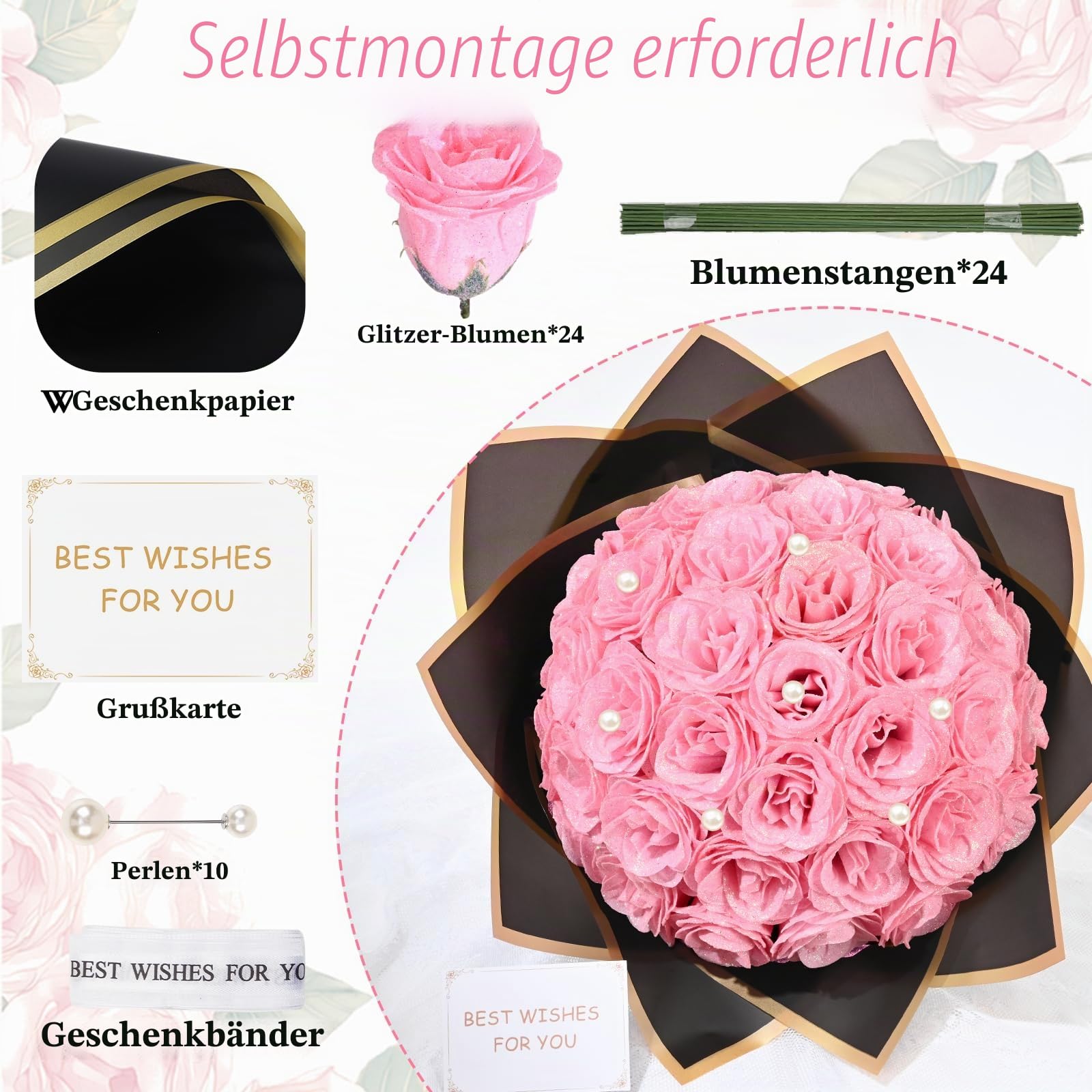 Waipfaru Rosa Glitzer Rosen Blumenstrauß DIY gefälschter Blumenstrauß, künstlicher Rosenstrauß für Valentinstag Jahrestag Verlobung Hochzeit 24 Rosen