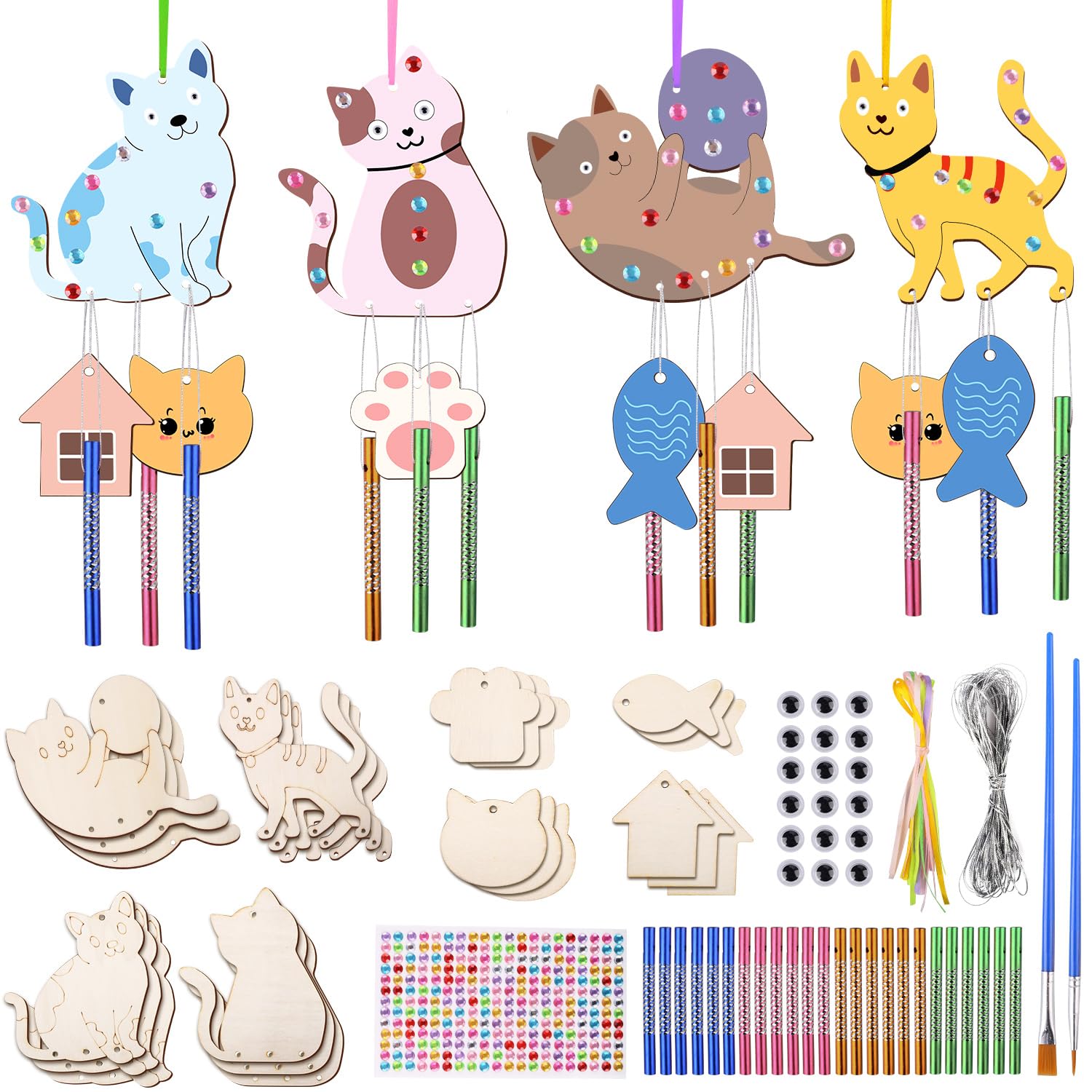 Fzyisw 36 Pcs Cat Wind Chime Set, Cat Wind Chime Craft for Painting, Decorating, Wooden Cat Wind chime Set 3D Cat DIY Wind Chimes for Classroom Art Projects Birthday Gift Spring Decoration