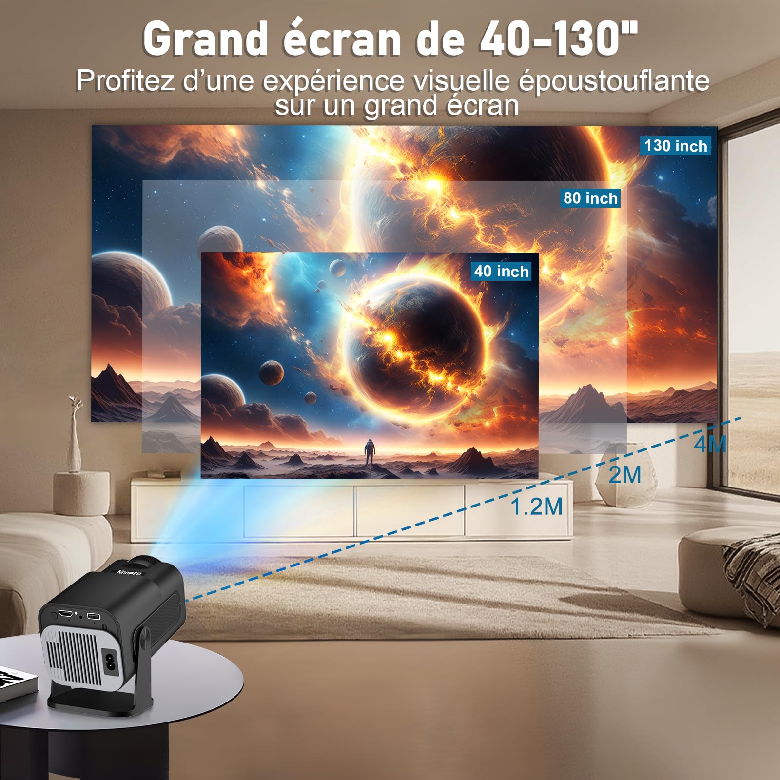 Vidéoprojecteur 4K 1080P Mini Projecteur avec WiFi 6 et Bluetooth 5.2 Projecteur Trapézoïdale Automatique, 270° RotationSupporte HDMI/TVStick/Memory Stick/Laptop, Noir
