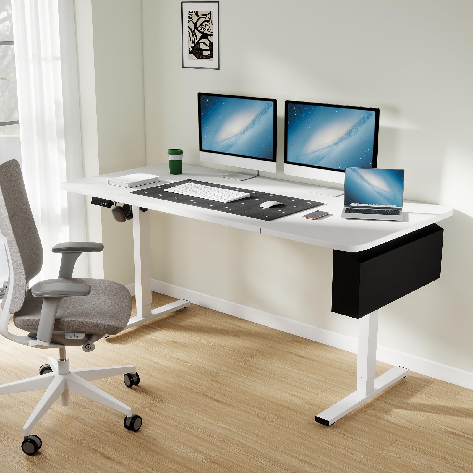 Bureau Électrique Réglable en Hauteur, 160 x 80cm, Bureau Assis Debout avec Mémoire Contrôle et Port USB, Bureau Ergonomique, Panneau Intelligent, avec Crochet et Sac de Rangement, Blanc
