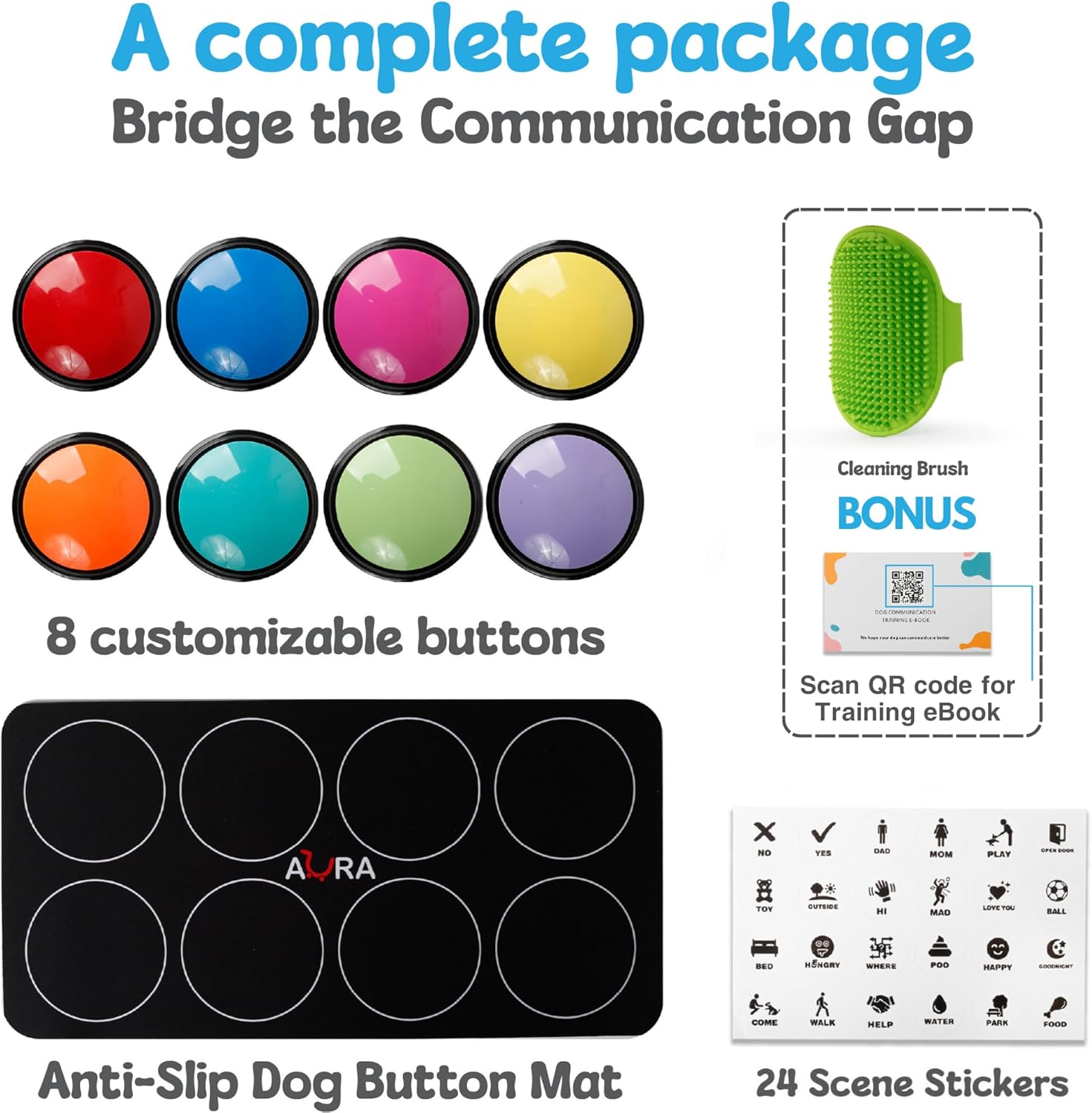 A-URA Dog Buttons for Communication with Mat, HD Sound Quality Dog Talking Button Set – Non-Slip Back Mat, Dog Buttons Talk for Training, Pet Talking Buttons for Dog (Pack of 8)