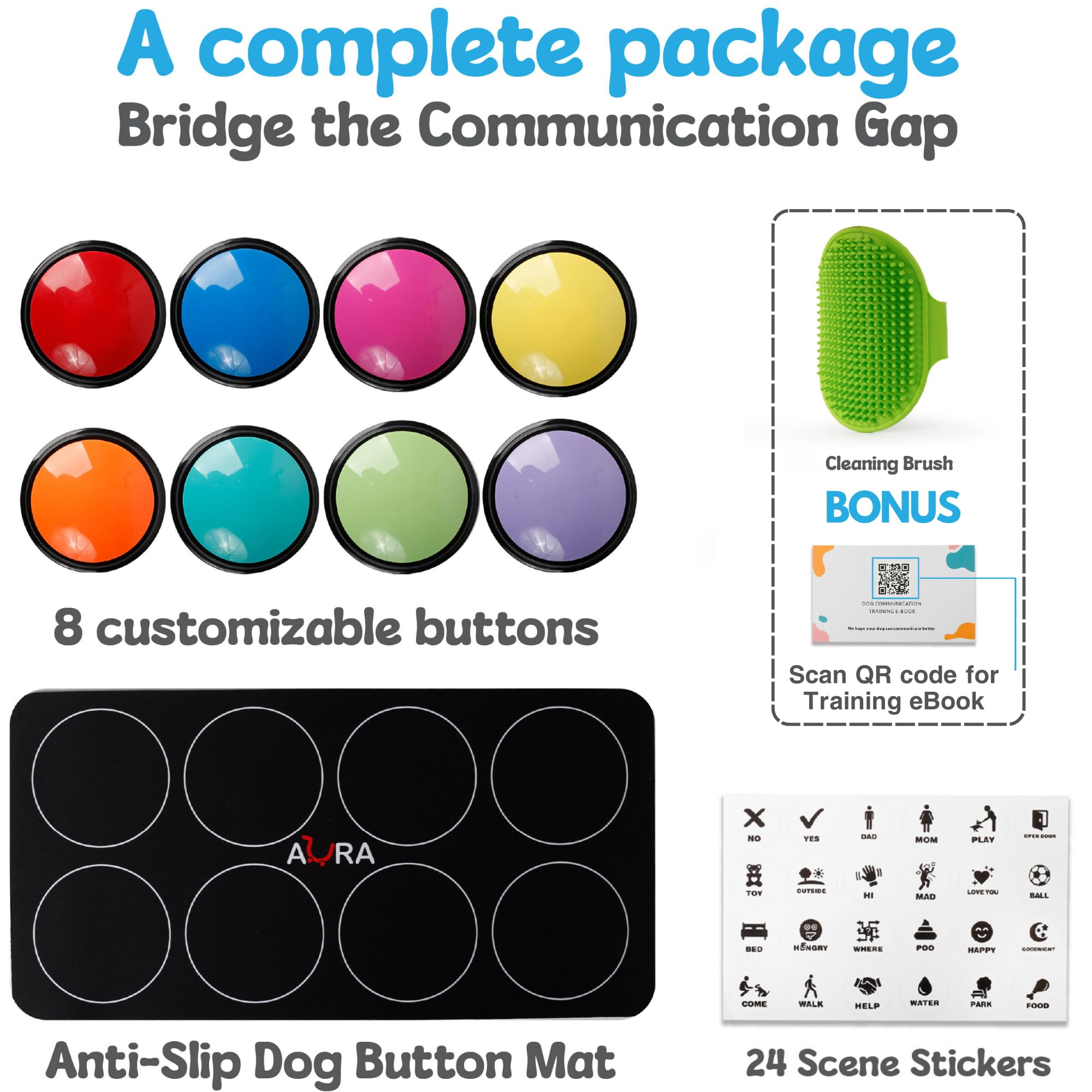 A-URA Dog Buttons for Communication with Mat, HD Sound Quality Dog Talking Button Set – Non-Slip Back Mat, Dog Buttons Talk for Training, Pet Talking Buttons for Dog (Pack of 8)