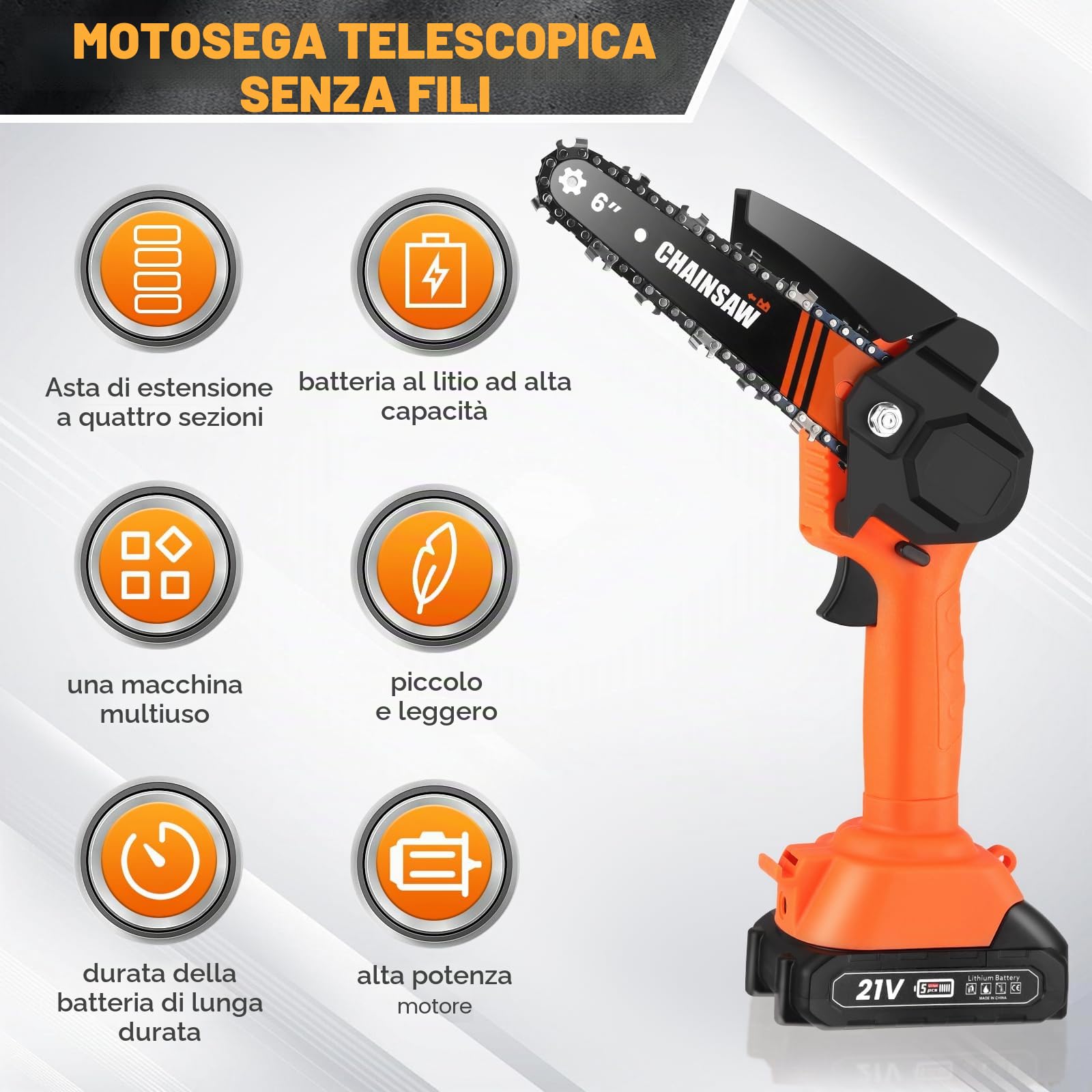 Motosega Telescopica a Batteria, Kit Potatura a Batteria con Asta Telescopica, 2 * 2000mAh Batteries, 6 & 8 Pollici, Max 2.3M, Svettatoio aBatteria Per Potatura Di Alberi Da Giardino