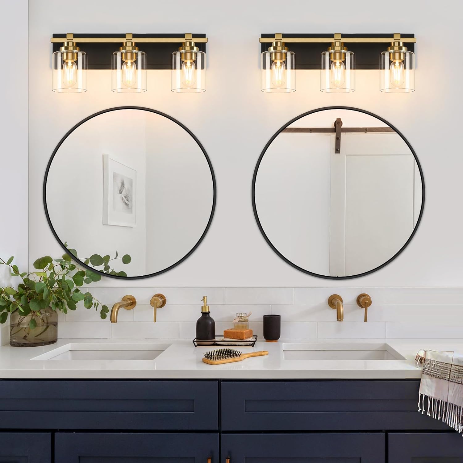 BrkNit 3 Light Modern Bathroom Light Fixtures Over Mirror, Black Gold Vanity Lights for Bathroom Wall Sconces with Clear Glass Shades, E26 Socket (Bulbs Not Included) Black Gold 3-Lights, Clear Glass Shades