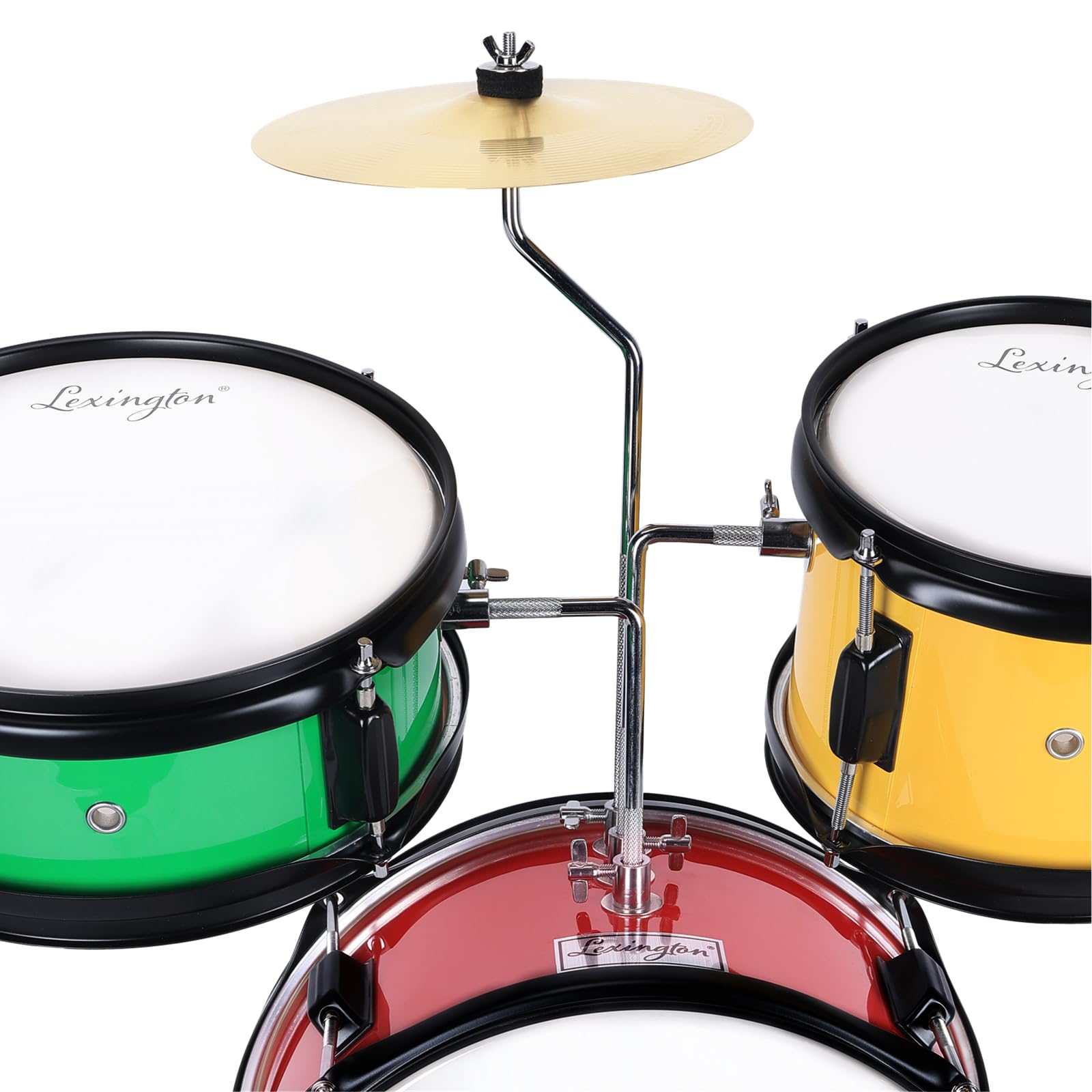 Lexington 3 PC, Schlagzeug Set mit Snare, Tom, Bass Drum, Bass Drum Pedal, Thron, Becken, Drumsticks, Rot, Gelb, Grün