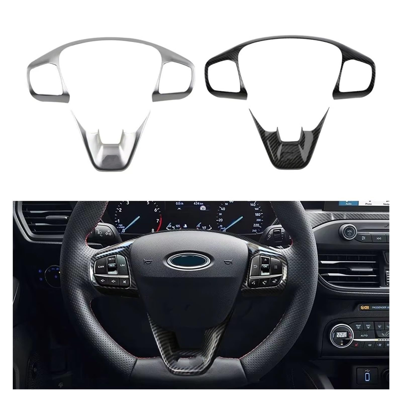 Interno Accessori Volante Pannello Copertura per Ford per Fiesta MK8 2017-2021 per Focus MK4 2019-2023 ABS Auto Pulsante Controllo Telaio Trim Adesivo Decorativi(Carbon Fiber Black)