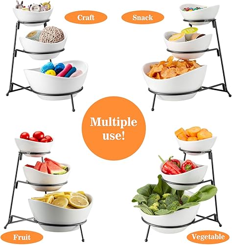 Miniatura 4 de HBlife Soporte de 3 niveles ovalado para servir con estante de metal, platos de cerámica para servir con chips y inmersión, exhibición de alimentos,