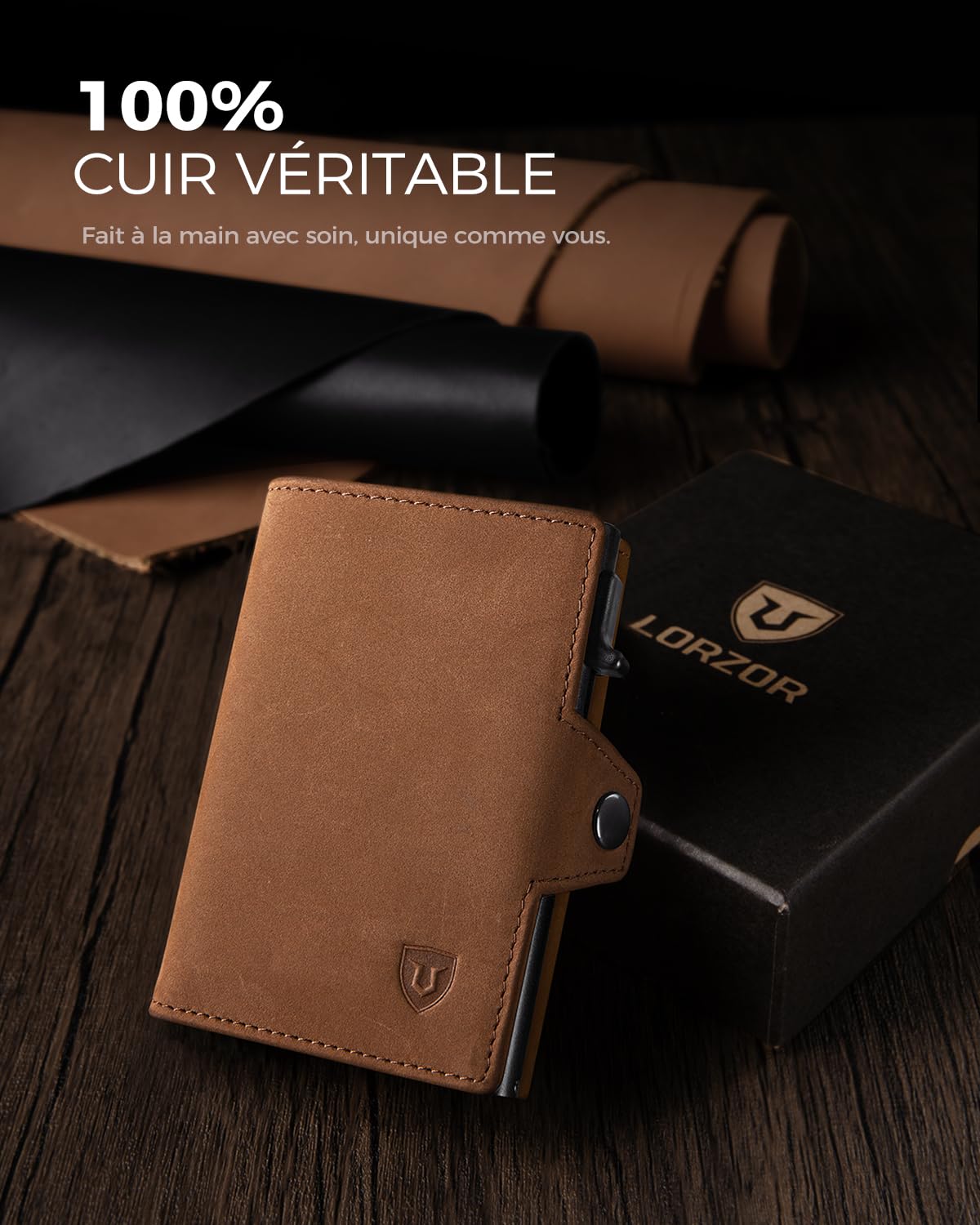 LORZOR® Portefeuille pour Homme en Cuir Véritable, Porte Carte Homme avec RFID, Porte Monnaie pour 10 Cartes, avec Compartiment pour Espèces et Poche à Monnaie