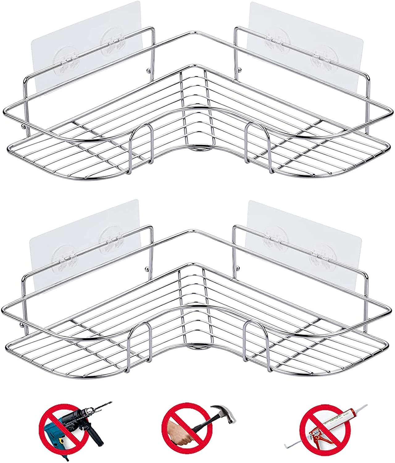 2 Tiers Corner Shower Caddy, Shower Organizer, Wall Mounted Aluminum Shower Shelf with Adhesive(No Drilling), Storage Rack for Toilet,Shampoo,Dorm and Kitchen (Silver-A)