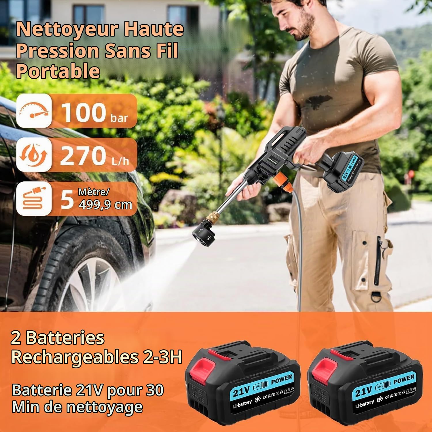 Nettoyeur Haute Pression sans Fil 100 Bar 270 l/h | Pistolet Portable avec 2 Batteries de 3000 mAh | Pistolet de Lavage 6 en 1 buse réglable 5m pour Sol de Voiture