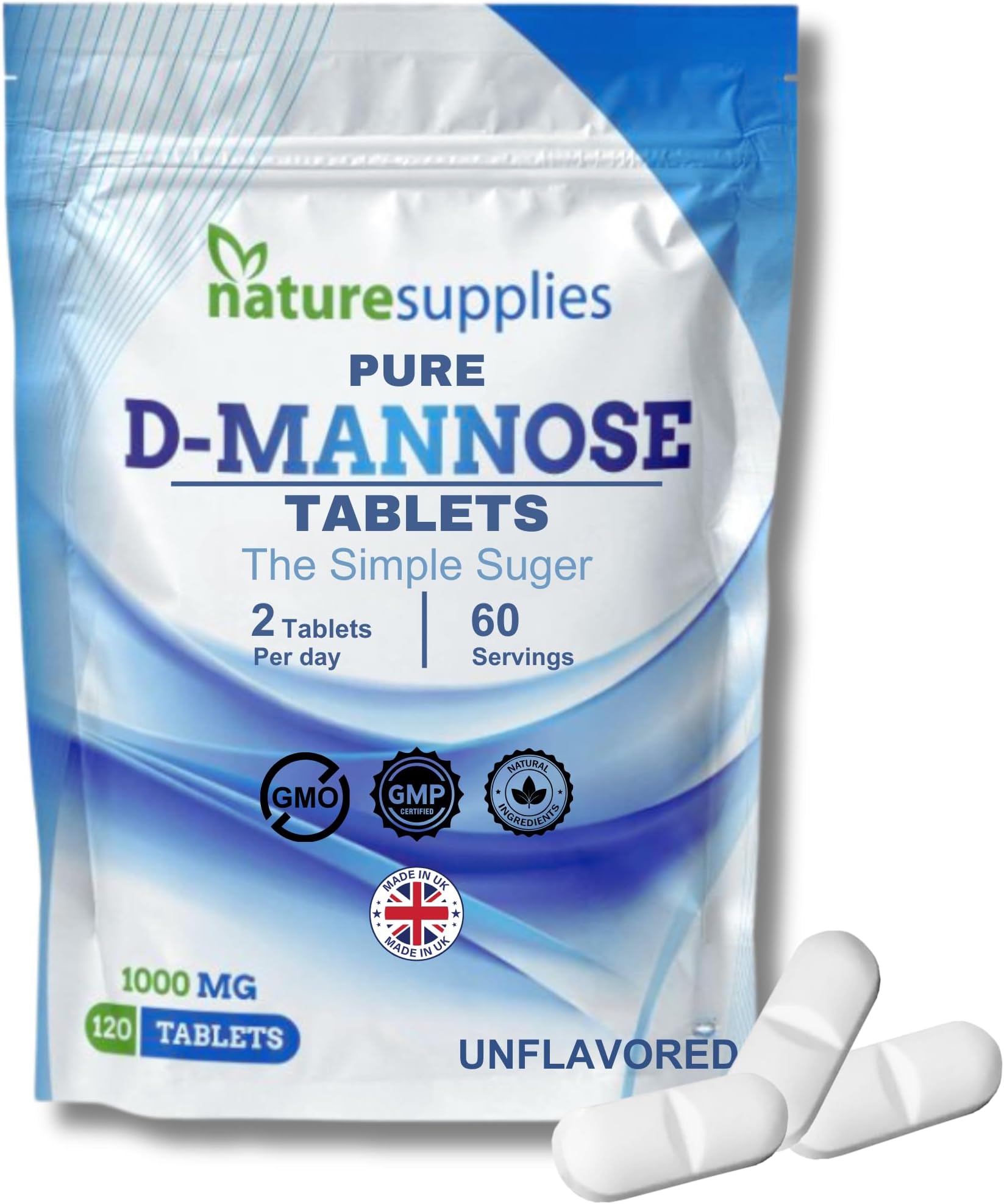 D Mannose Tablets 1000mg - 120 Pack Dmannose Tablets - (Not D Mannose Capsules or Powder) - Suitable for Vegetarians and Vegans - High Strength D-Mannose Supplement from Naturesupplies
