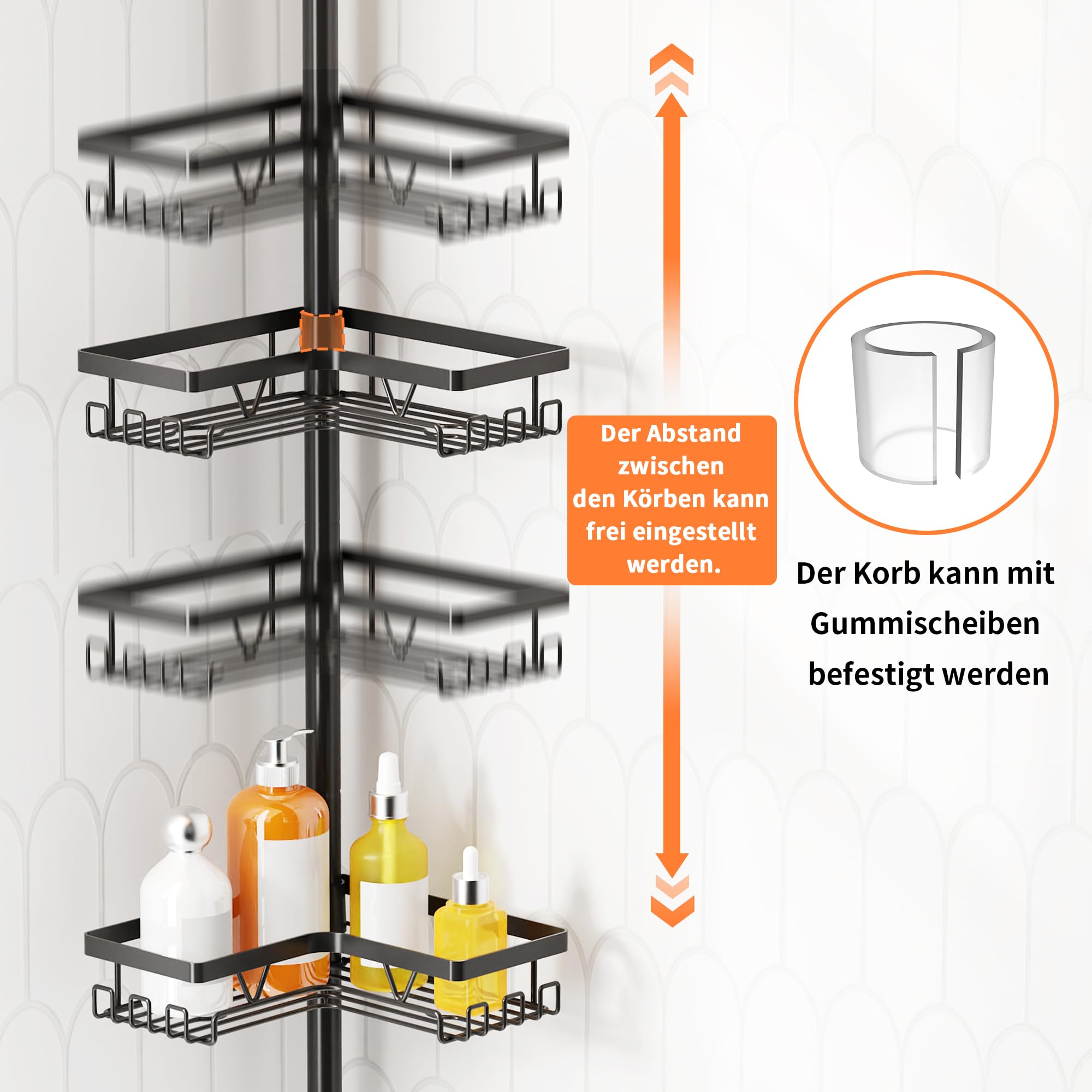 KEGII Teleskop Duschregal Teleskopregal Bad Duschablage Eckregal für Dusche und Badewanne Schwarz, 4 Stück - Teleskopregal Badezimmer Organizer