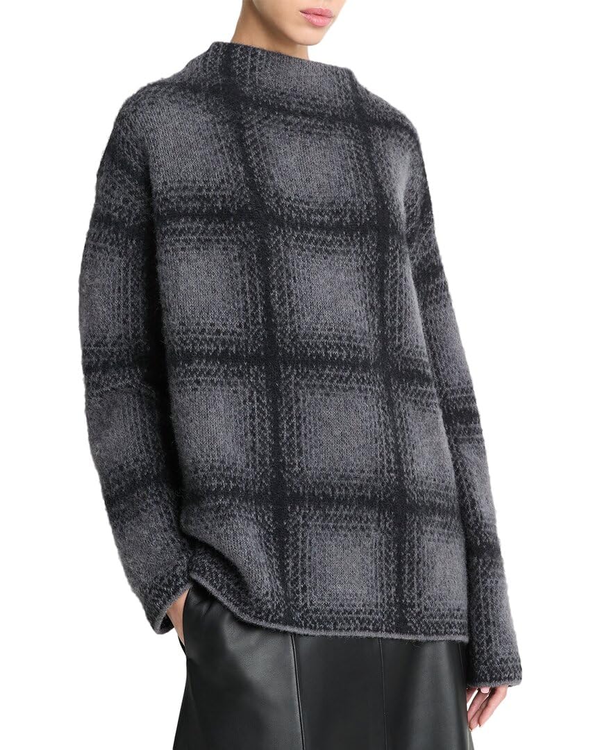 Vince Shadow Plaid Funnel Neck Alpaca Wool-Blend Sweater