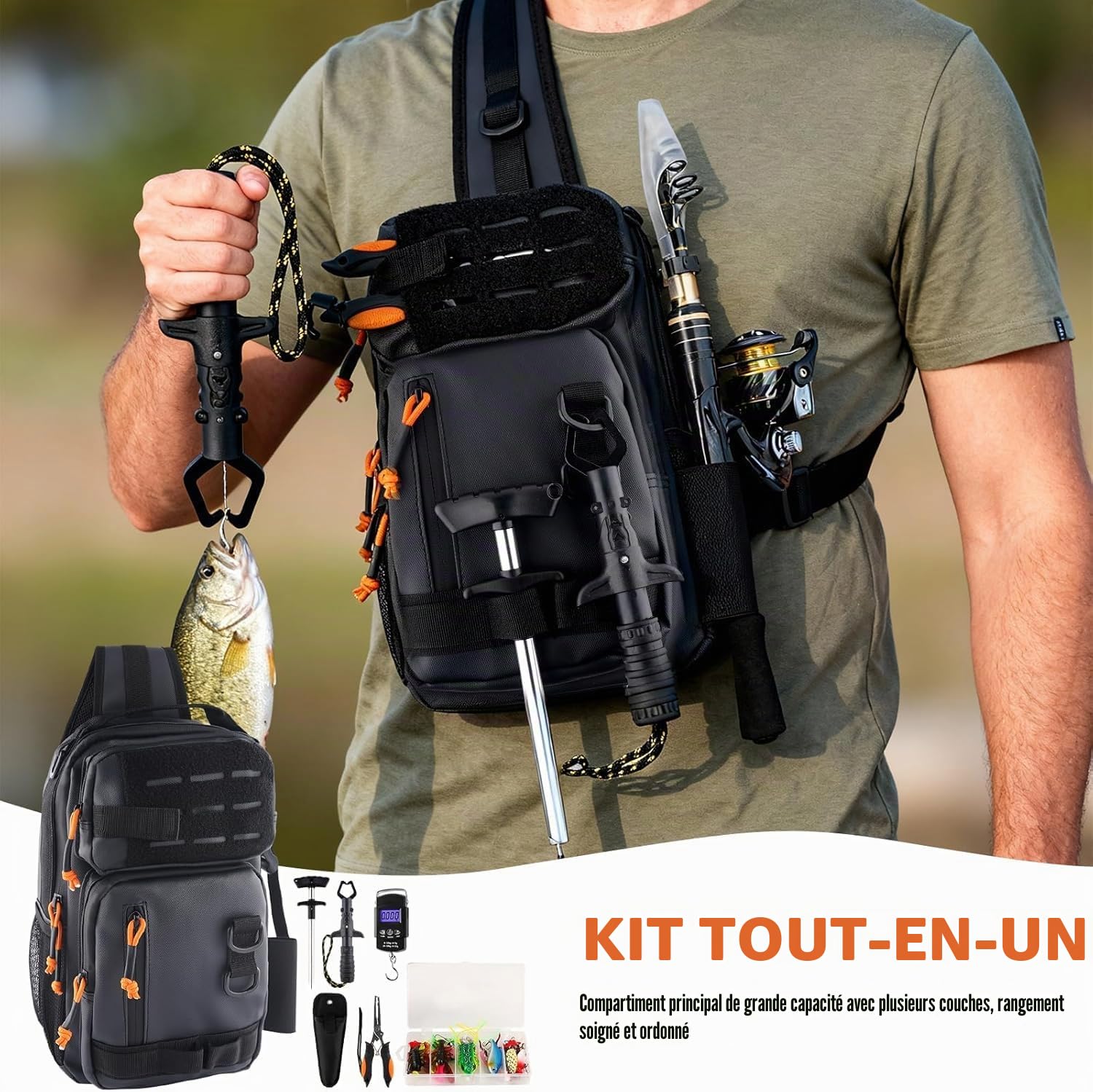 NewBEP Sac à dos de pêche avec boîtes à matériel, kit d'outils de pêche, sac à épaule de pêche léger et résistant à l'eau pour l'extérieur avec porte-canne, cadeau pour pêcheur en eau salée et eau