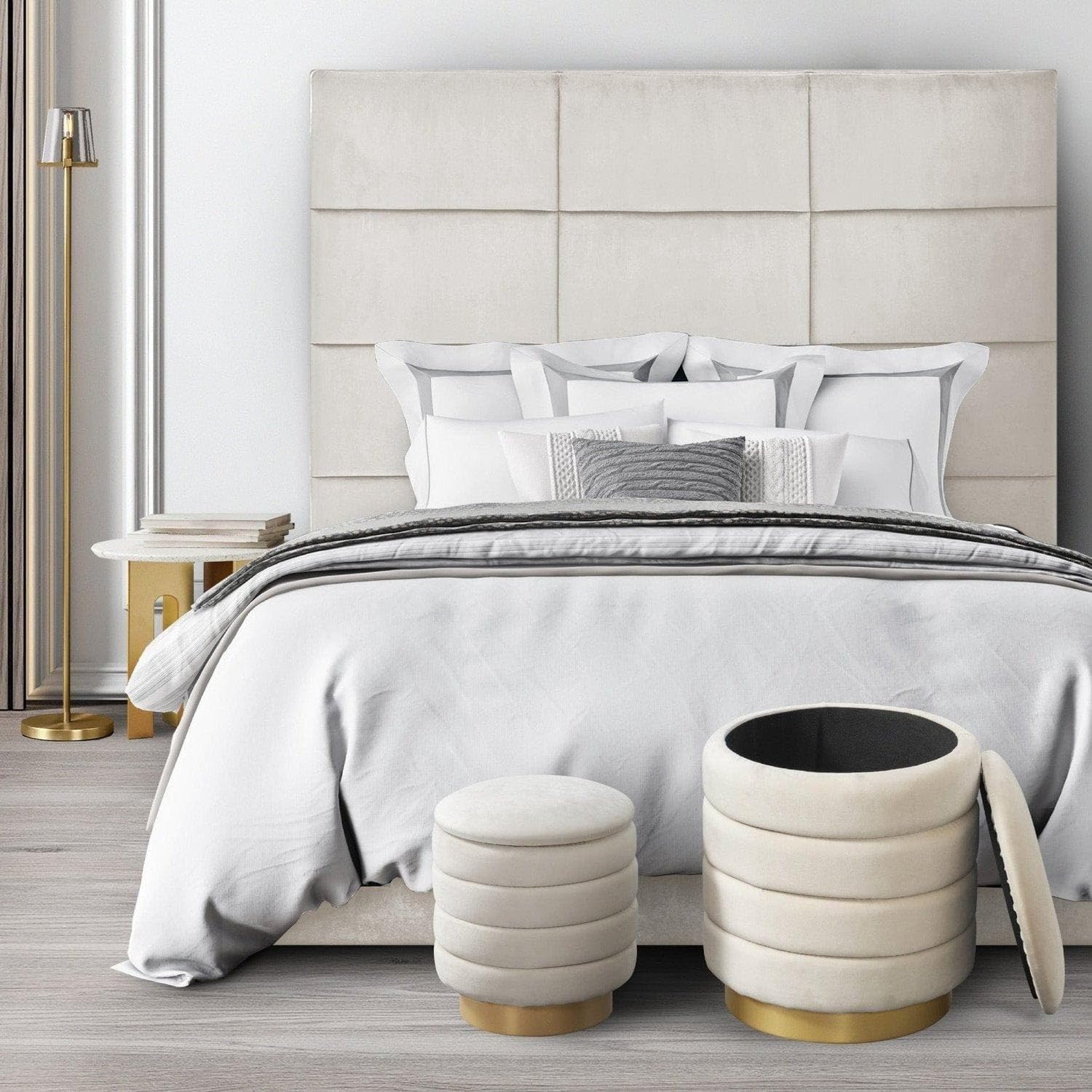 Koah 2 Piece Nesting Storage Ottoman Set Channel Quilted Velvet Upholstered Gold Tone Metal Base Removable Top with Discrete Interior Compartment, Modern Contemporary, Beige