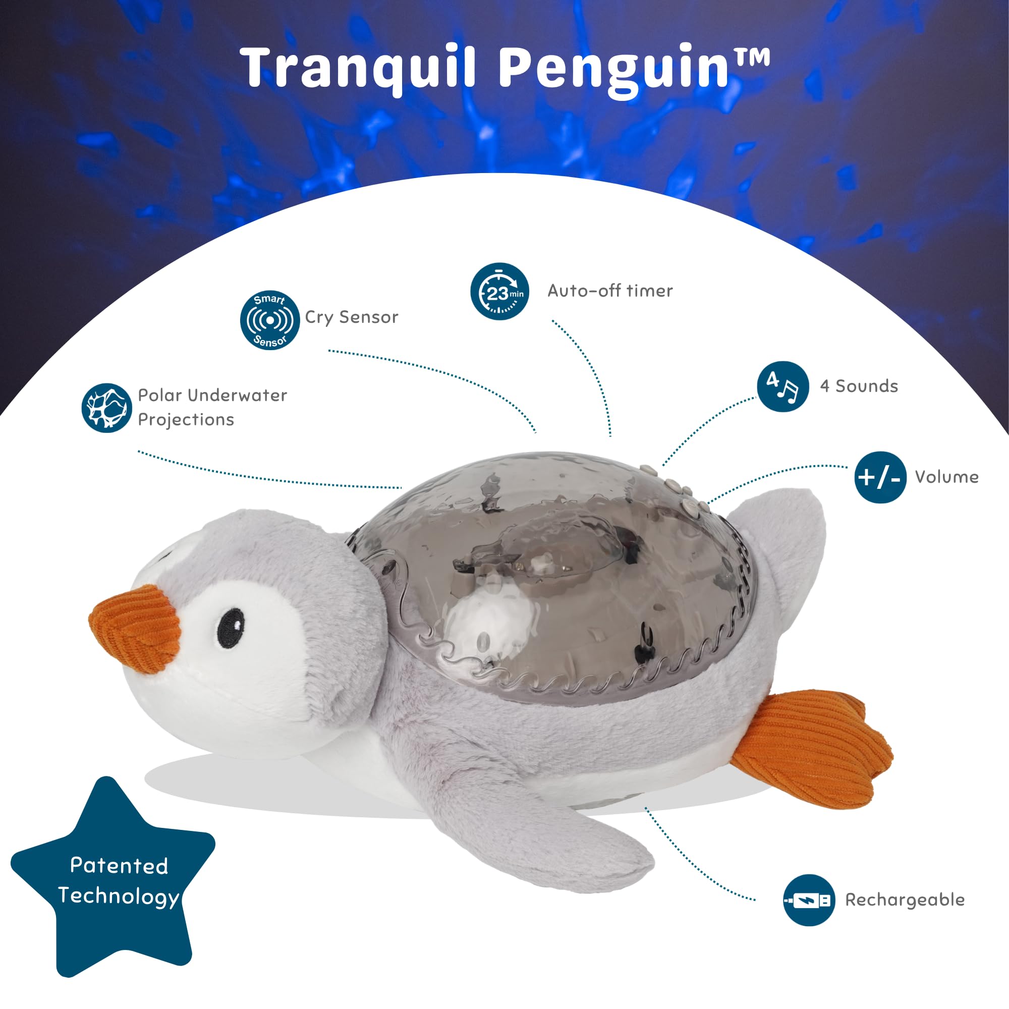 Cloud b Tranquil Penguin - Eco Baby Night Light & Sound Machine, Ocean Wave Projector, Cry Sensor, White Noise, USB-C Rechargeable, 100% Recycled Fabric