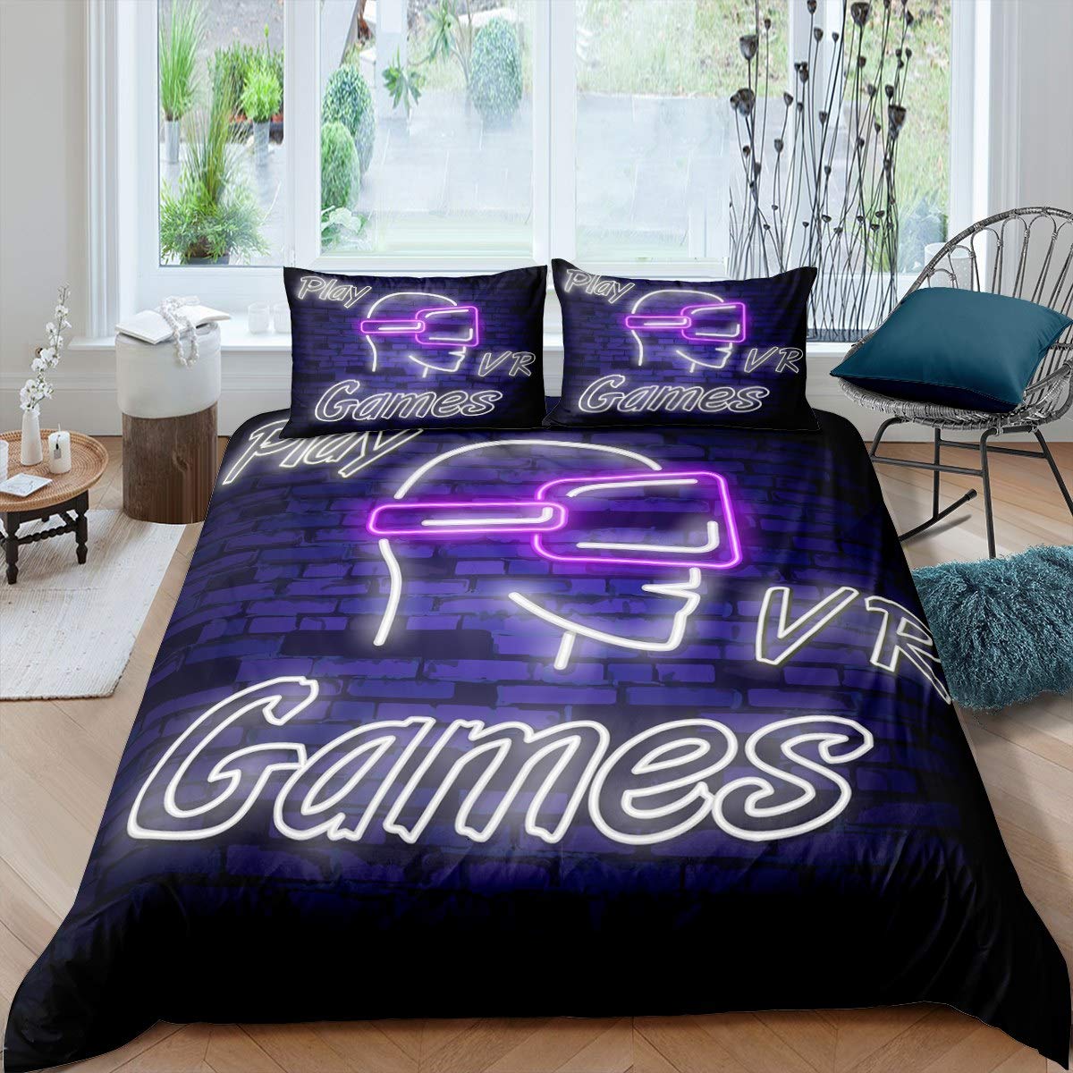Loussiesd Boys Pattern 4 Vr Games Duvet Cover Fluorescence Purple Bedding For Kids Girls Children Teens Comforter Cover Ultra Soft Bedclothes Bedspread Cover Single 2Pcs