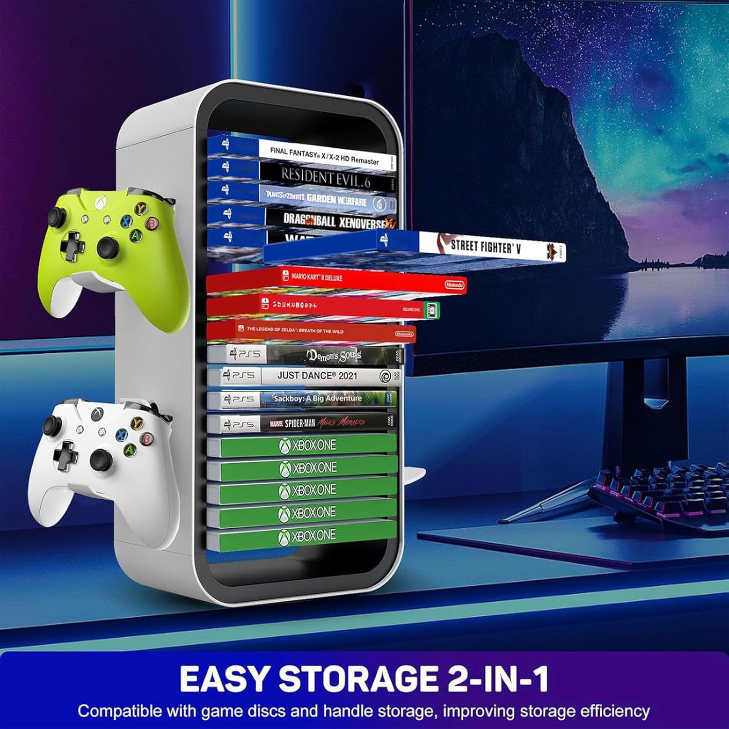 Gamestorage Tower Universal Gaming Disc Organizer Storage 18 Games with 4 controller holders for PS5/PS4/Xbox One/Xbox Series S&X/Nintendo
