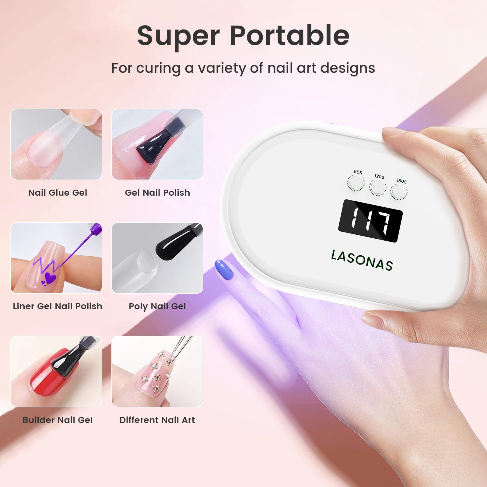 LASONAS Lampada UV LED per unghie per smalto gel 24 W Luce UV 3 Impostazioni timer asciugatura rapida polimerizzazione mini lampada portatile per adesivi e strisce gel salone di cura delle unghie per